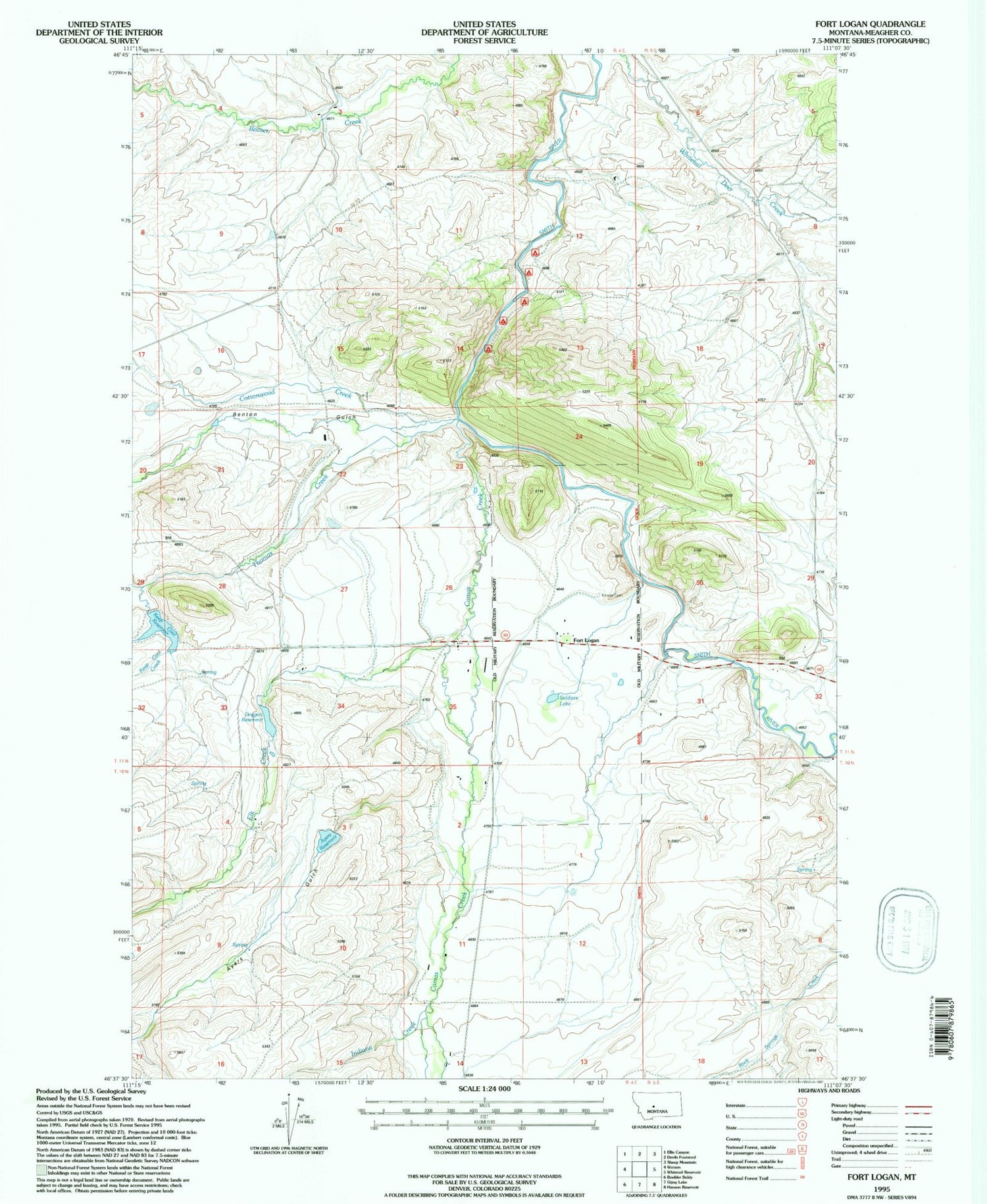 Classic USGS Fort Logan Montana 7.5'x7.5' Topo Map Image