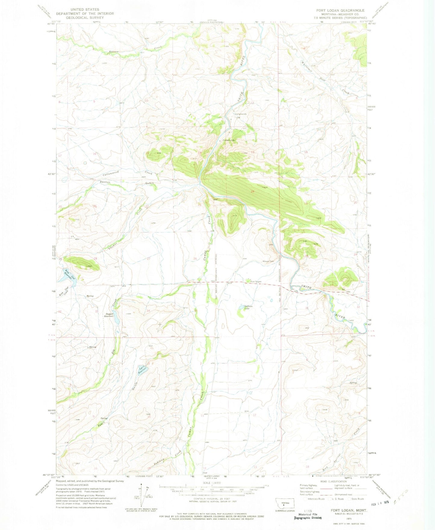 Classic USGS Fort Logan Montana 7.5'x7.5' Topo Map Image