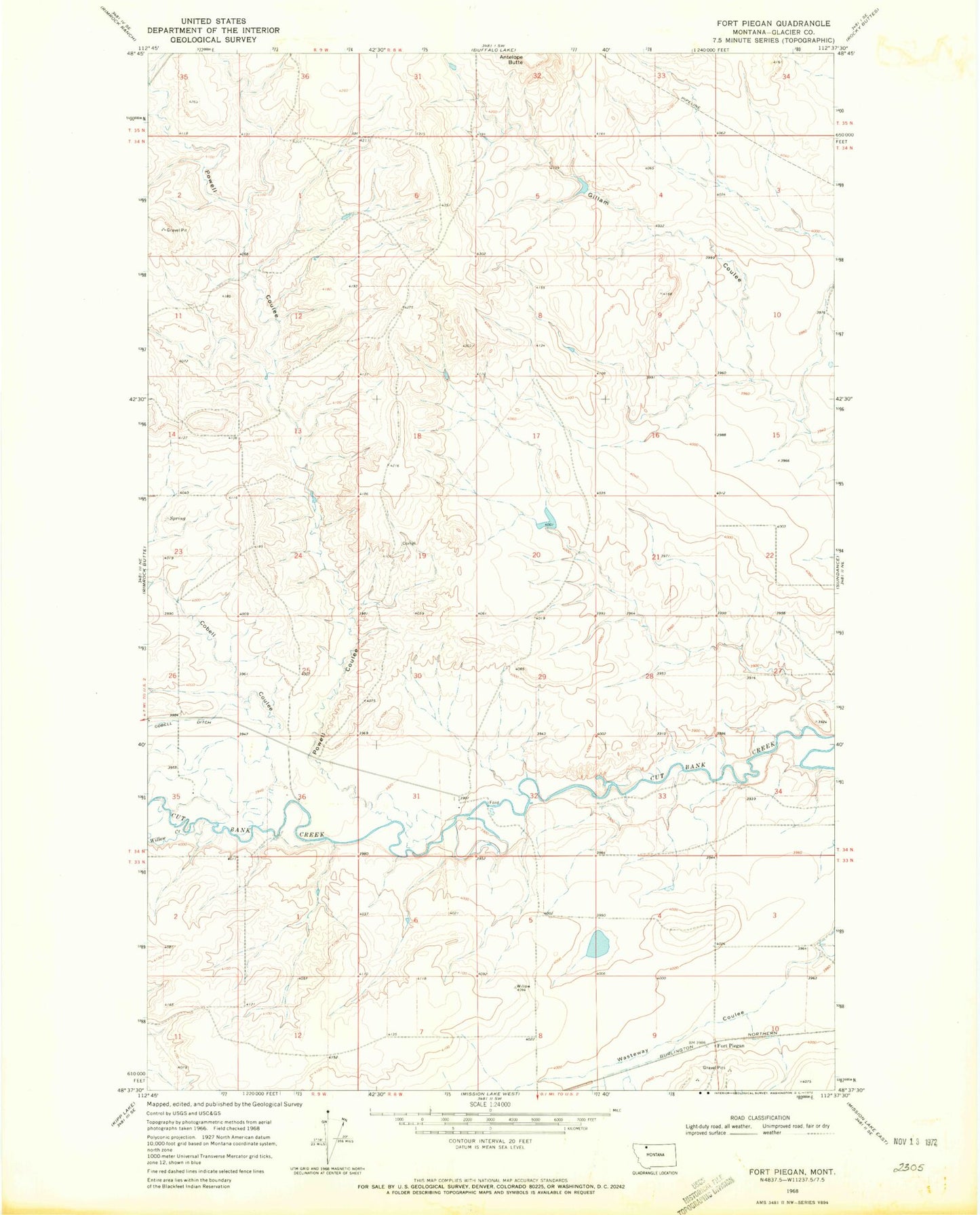 Classic USGS Fort Piegan Montana 7.5'x7.5' Topo Map Image