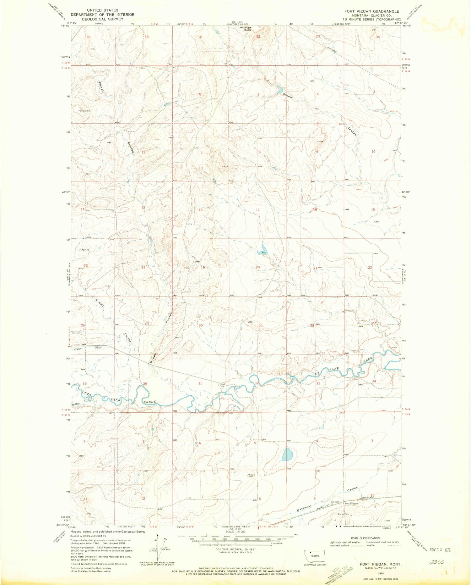 Classic USGS Fort Piegan Montana 7.5'x7.5' Topo Map Image