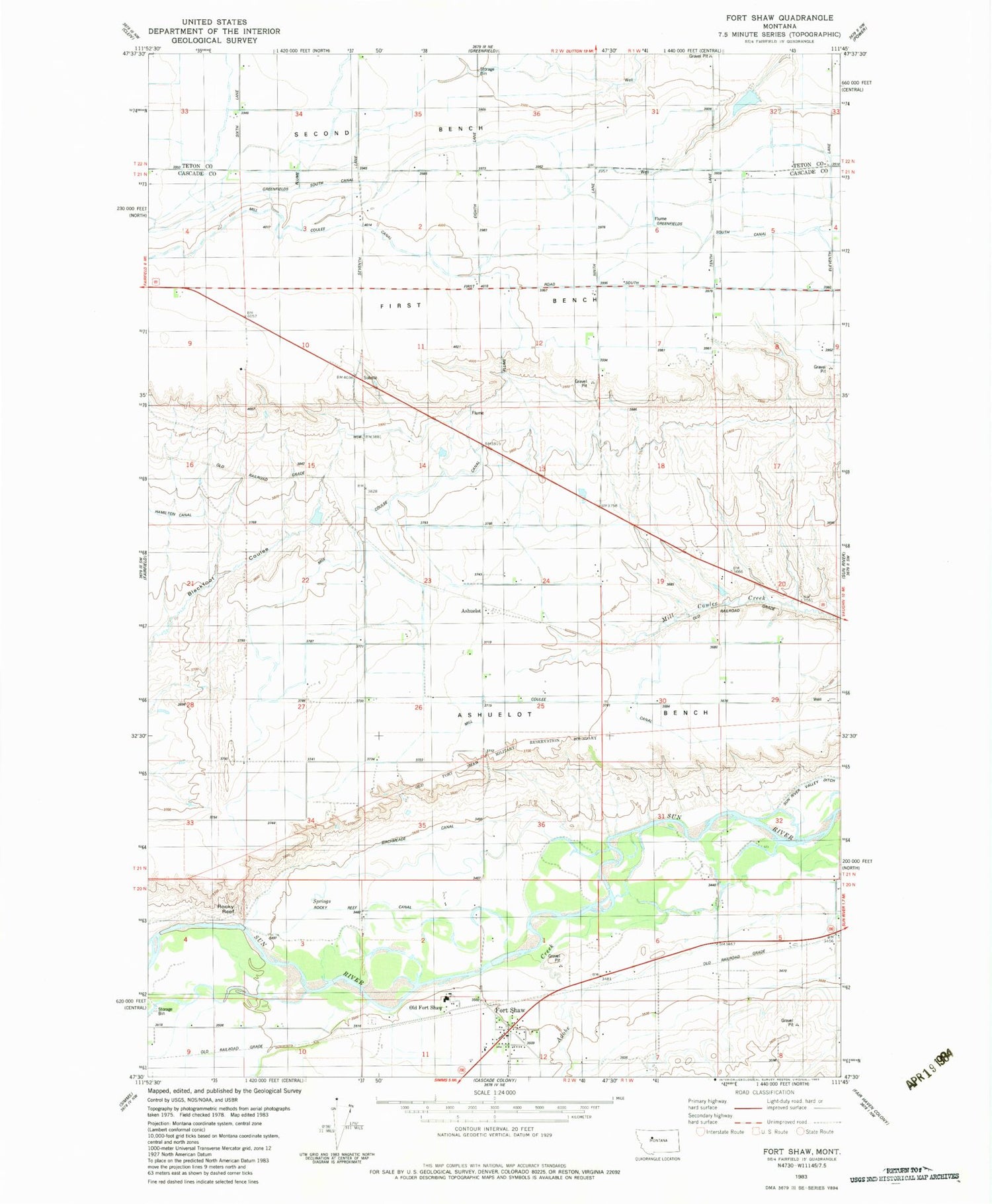 Classic USGS Fort Shaw Montana 7.5'x7.5' Topo Map Image