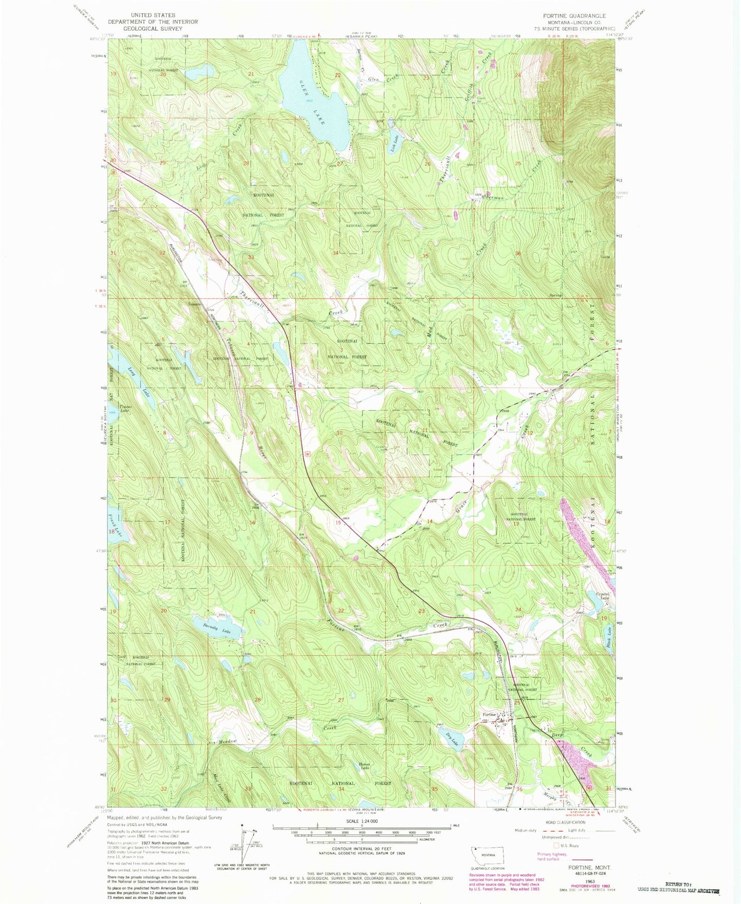 Classic USGS Fortine Montana 7.5'x7.5' Topo Map Image