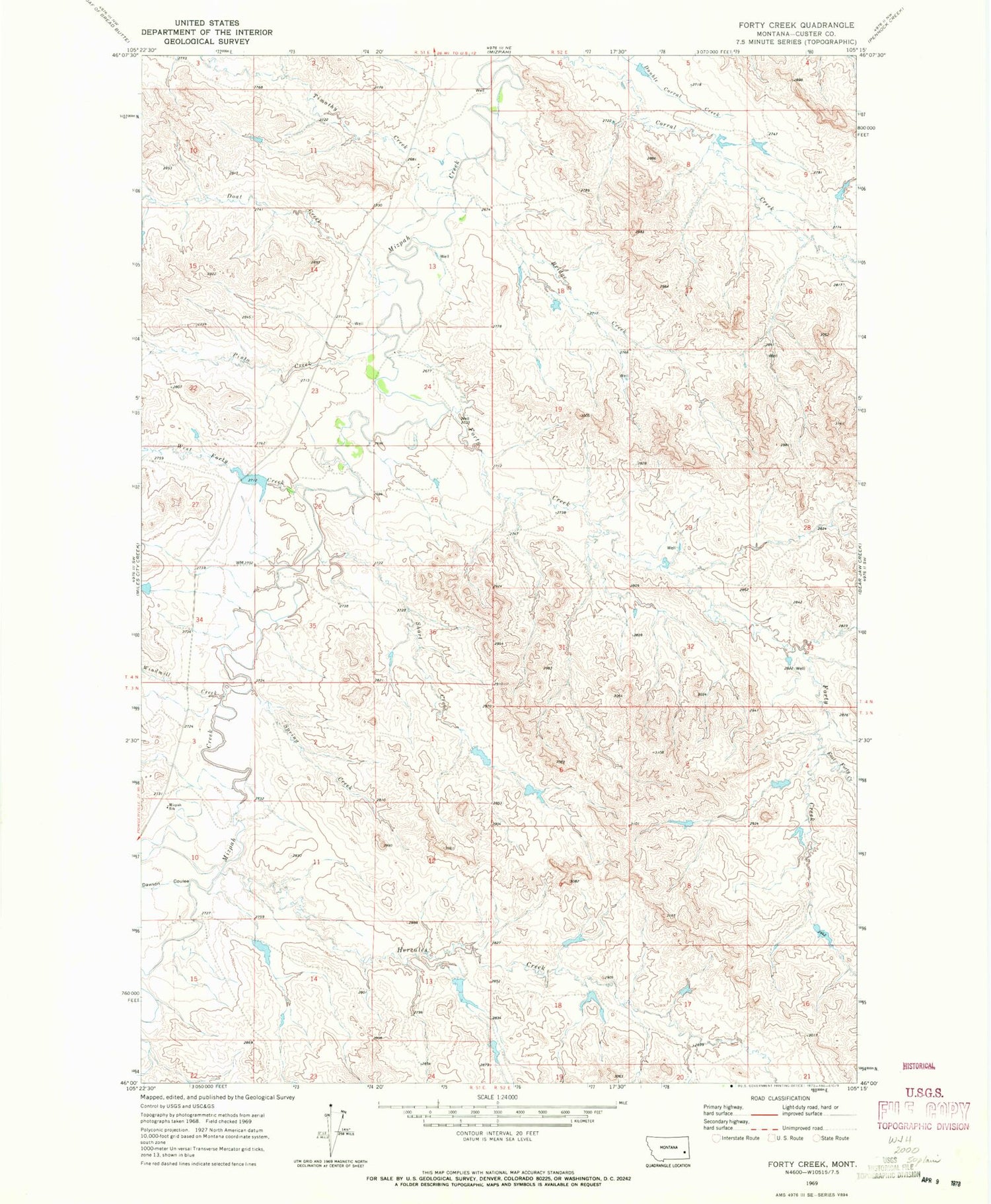 Classic USGS Forty Creek Montana 7.5'x7.5' Topo Map Image