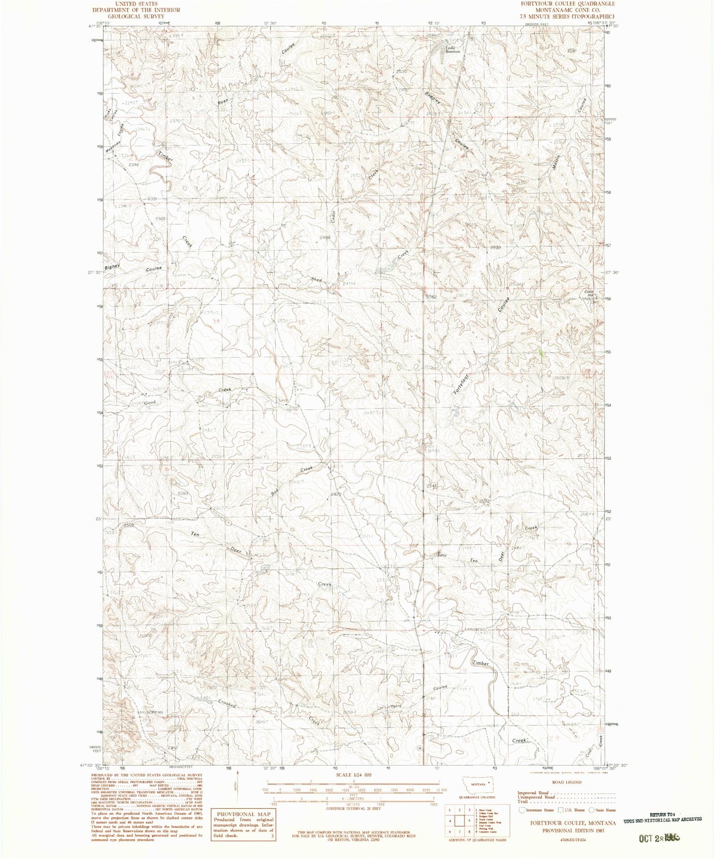 Classic USGS Fortyfour Coulee Montana 7.5'x7.5' Topo Map Image