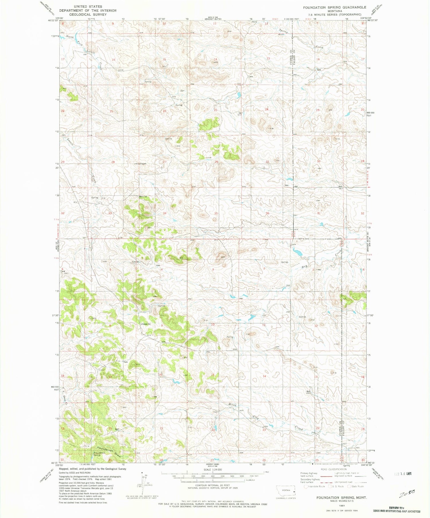 Classic USGS Foundation Spring Montana 7.5'x7.5' Topo Map Image