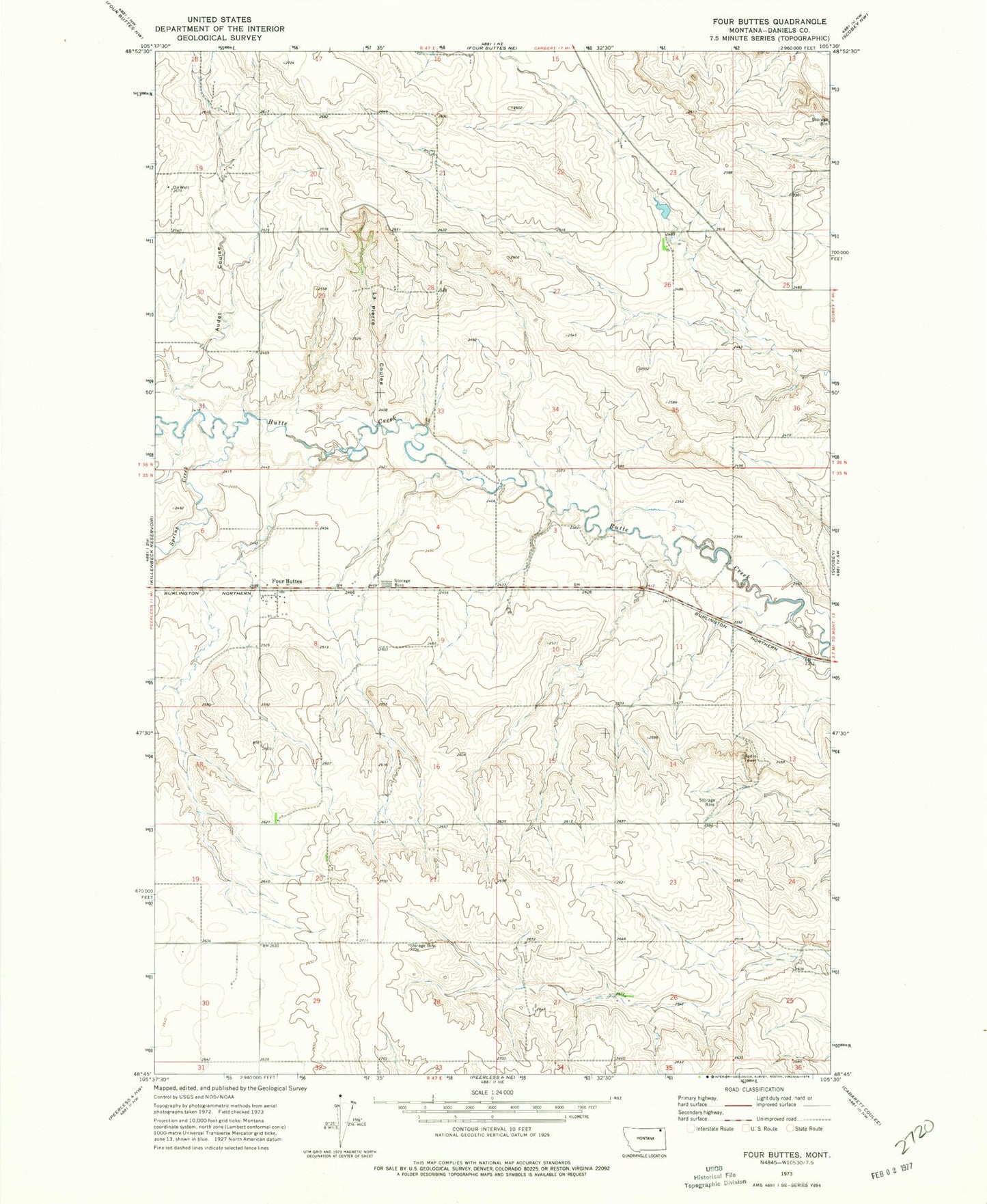 Classic USGS Four Buttes Montana 7.5'x7.5' Topo Map Image