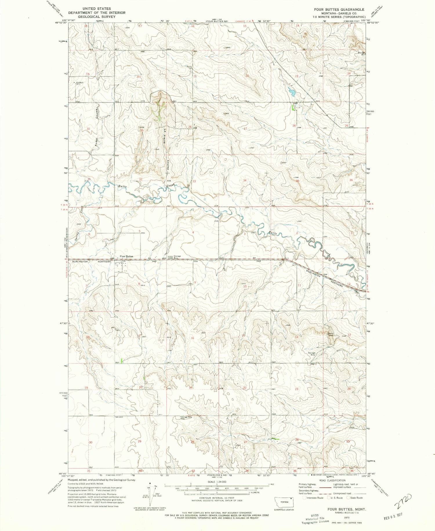 Classic USGS Four Buttes Montana 7.5'x7.5' Topo Map Image