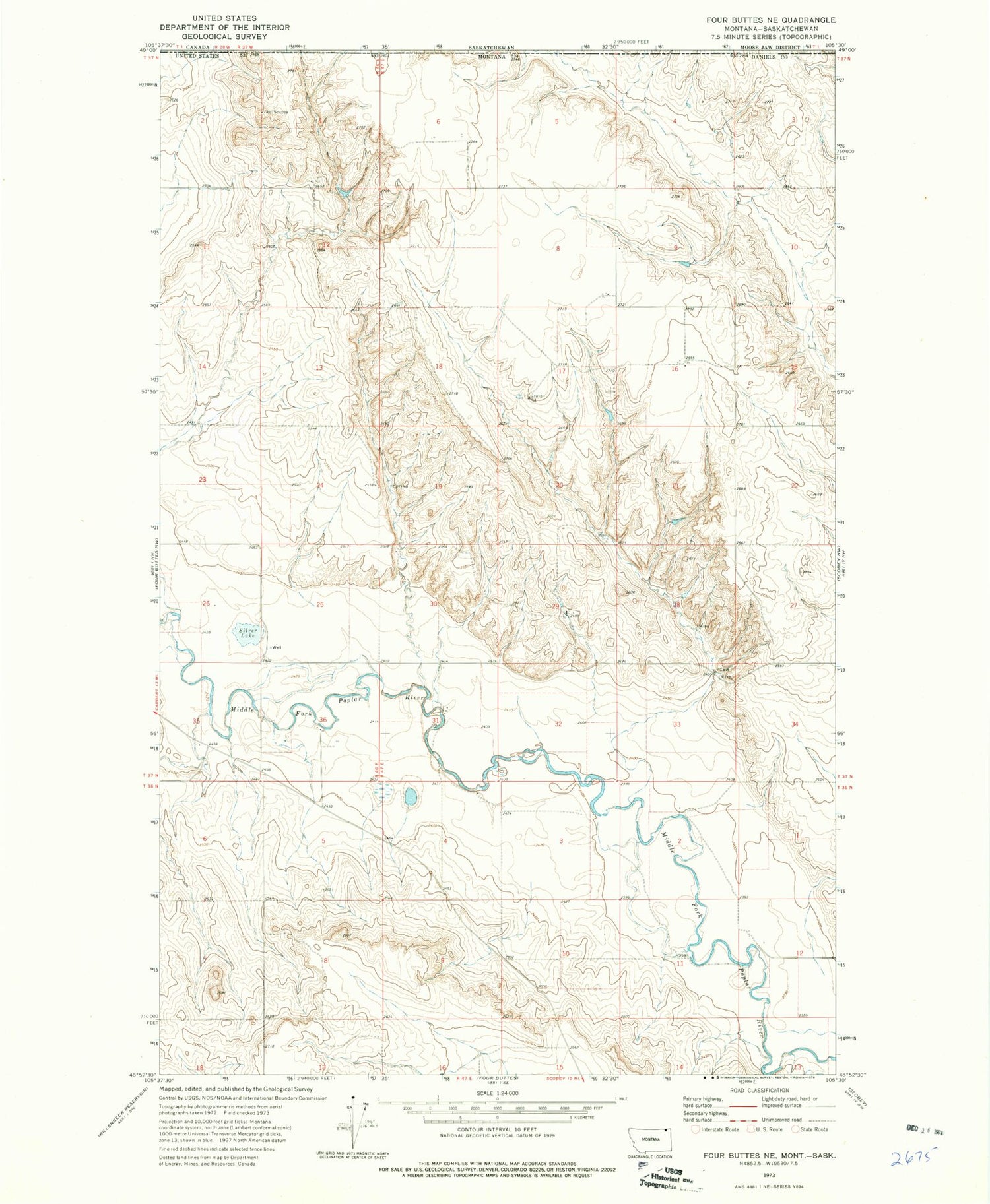 Classic USGS Four Buttes NE Montana 7.5'x7.5' Topo Map Image