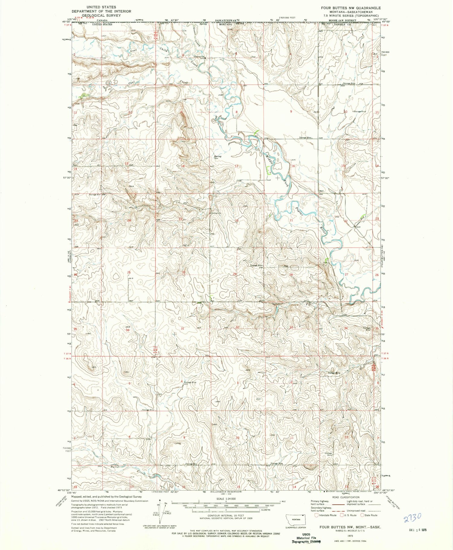 Classic USGS Four Buttes NW Montana 7.5'x7.5' Topo Map Image