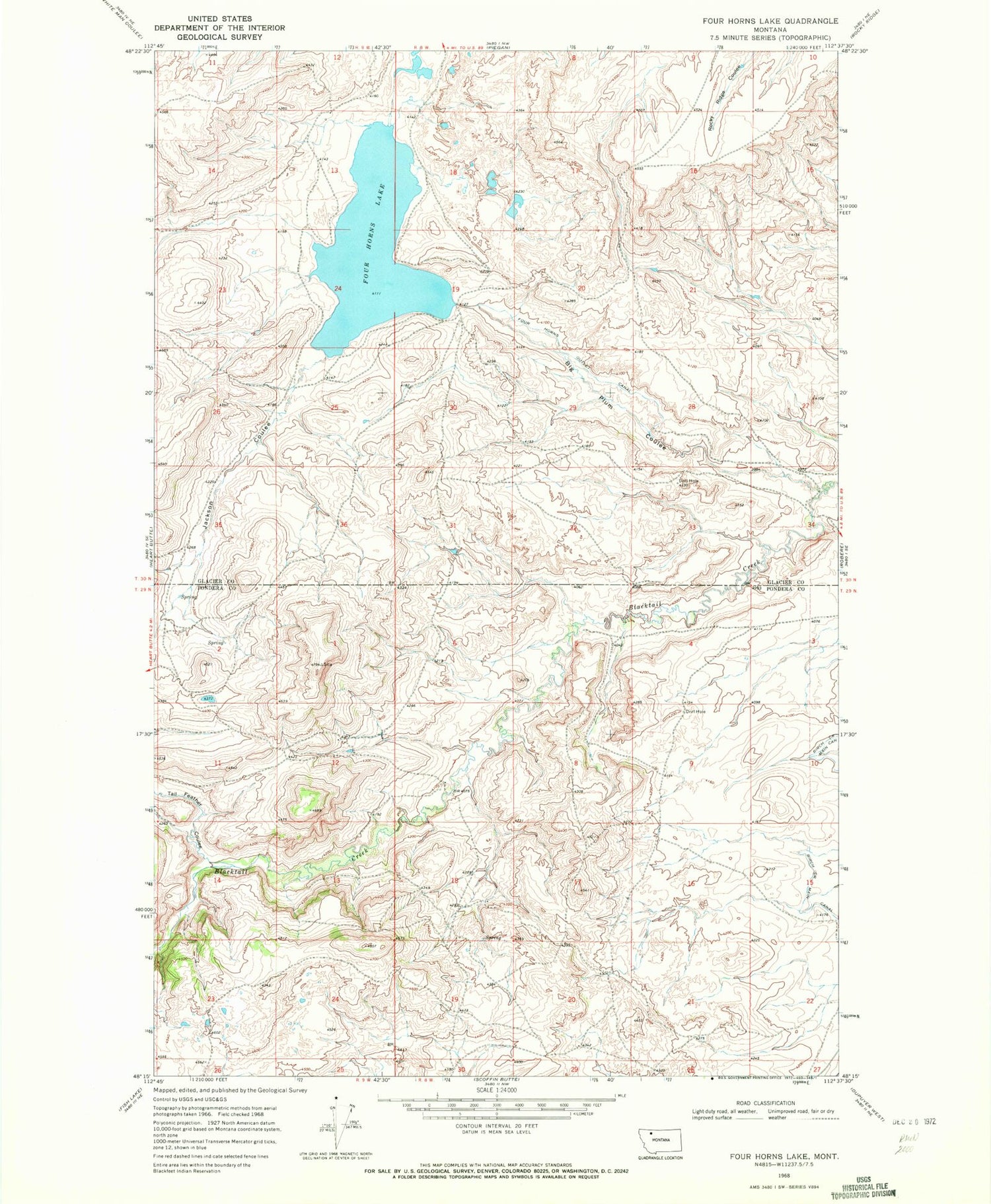 Classic USGS Four Horns Lake Montana 7.5'x7.5' Topo Map Image