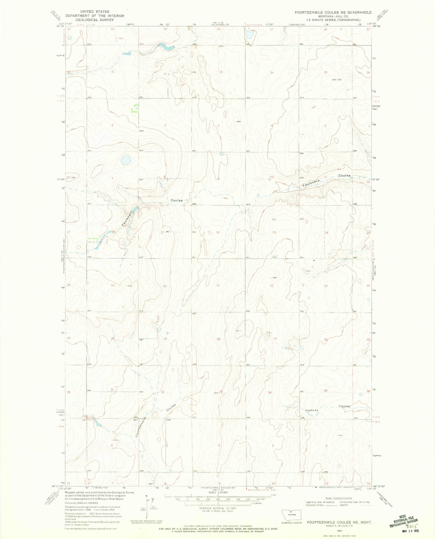 Classic USGS Fourteenmile Coulee NE Montana 7.5'x7.5' Topo Map Image