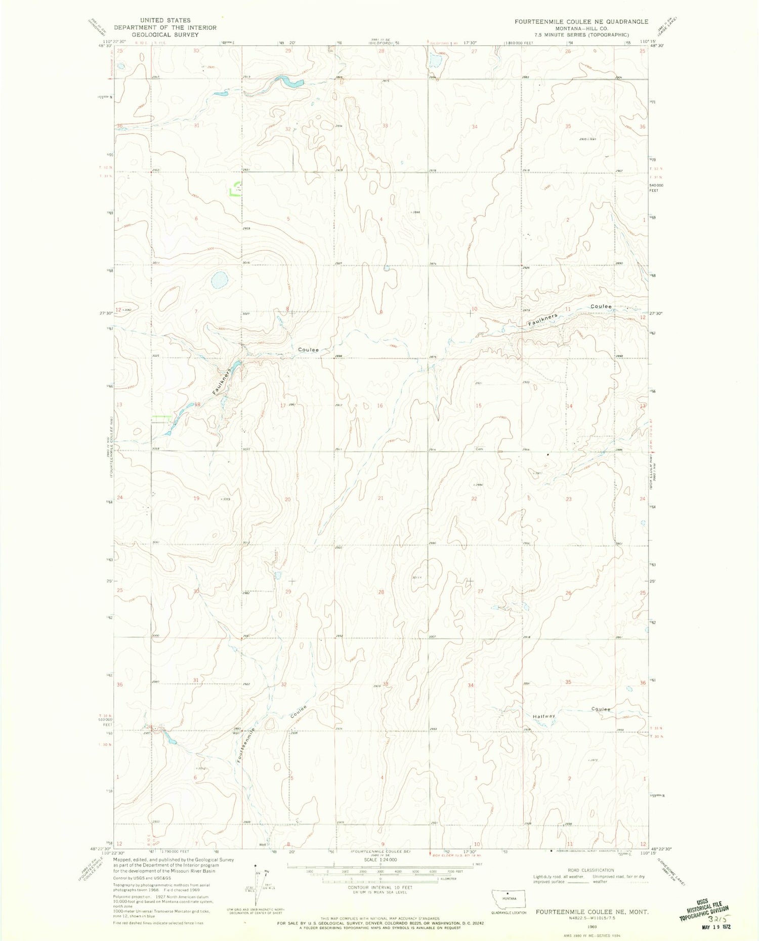 Classic USGS Fourteenmile Coulee NE Montana 7.5'x7.5' Topo Map Image