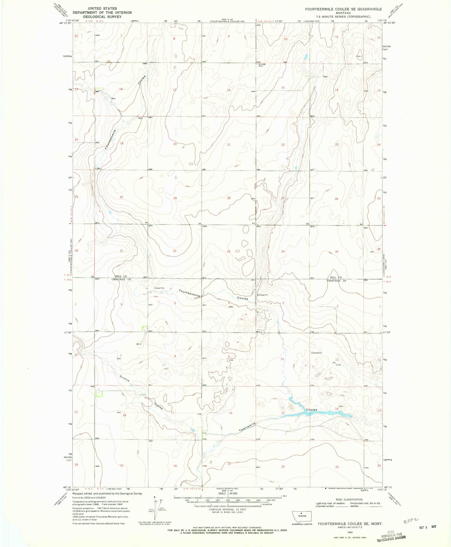 Classic USGS Fourteenmile Coulee SE Montana 7.5'x7.5' Topo Map Image