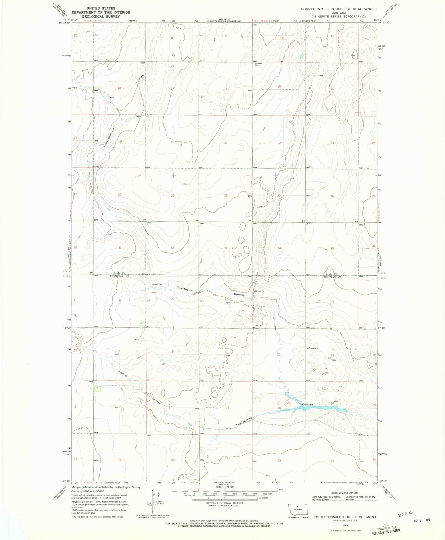 Classic USGS Fourteenmile Coulee SE Montana 7.5'x7.5' Topo Map Image