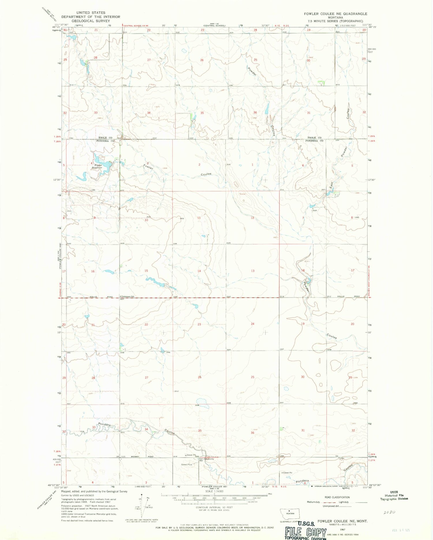 Classic USGS Fowler Coulee NE Montana 7.5'x7.5' Topo Map Image
