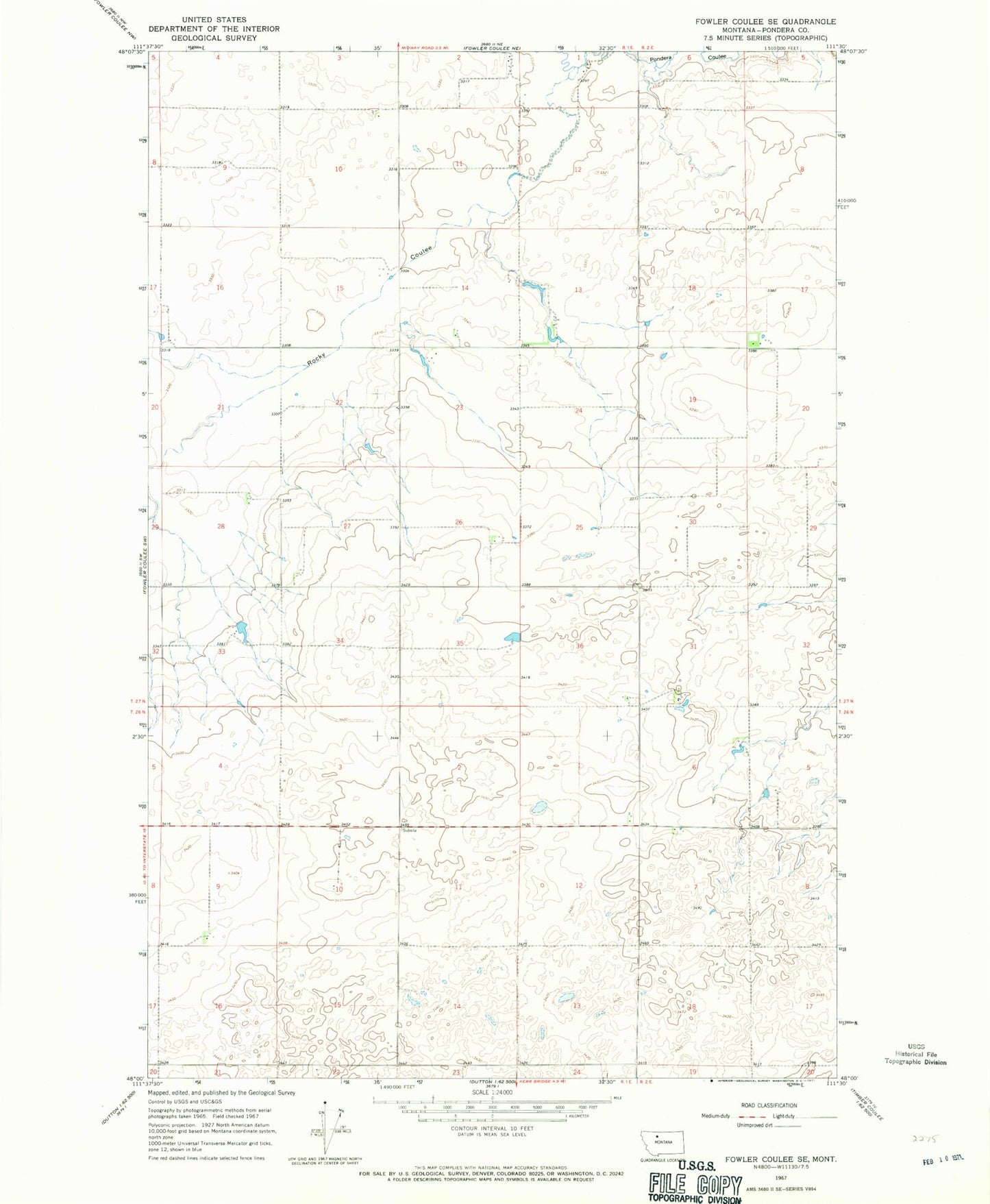 Classic USGS Fowler Coulee SE Montana 7.5'x7.5' Topo Map Image