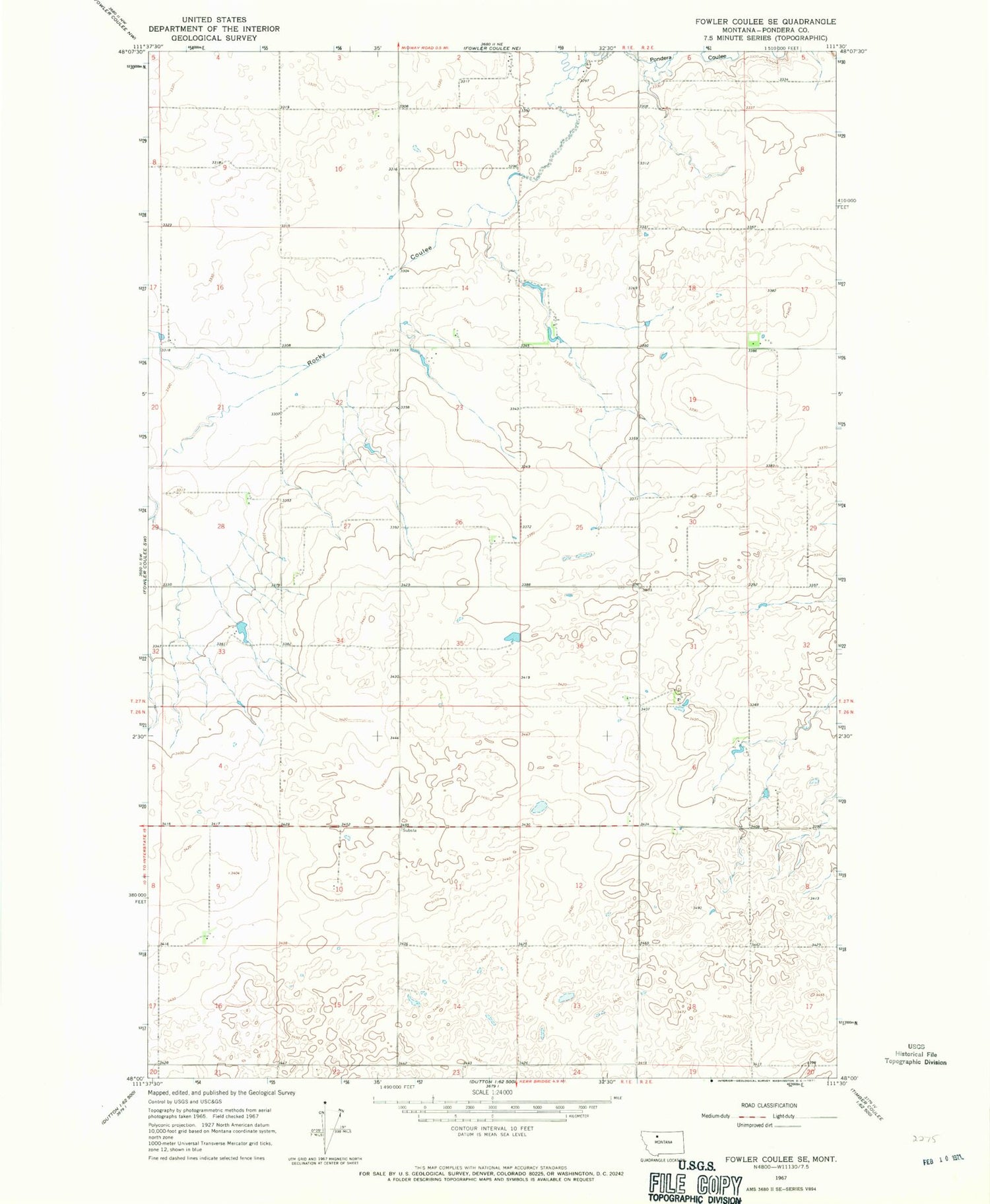 Classic USGS Fowler Coulee SE Montana 7.5'x7.5' Topo Map Image