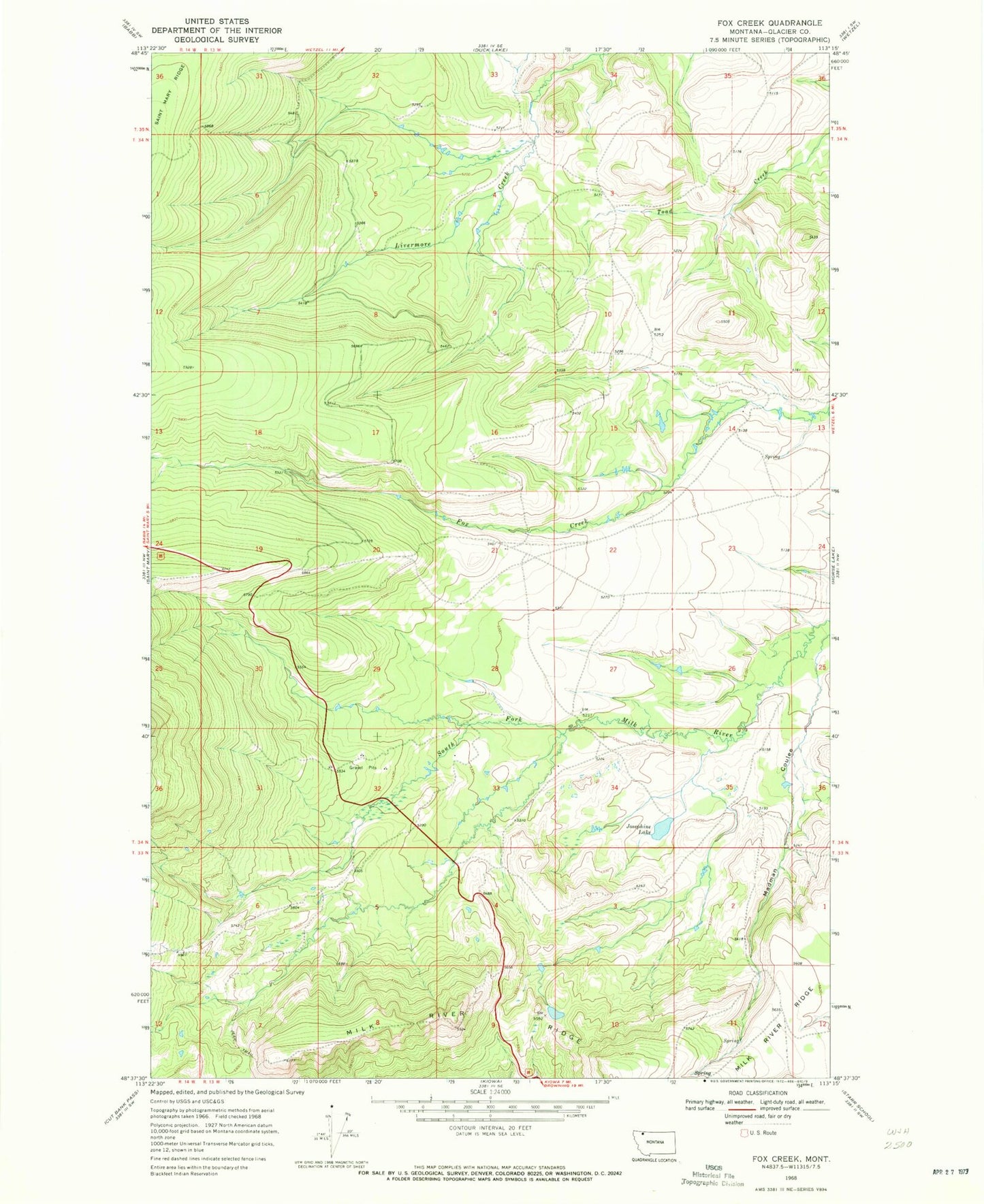 Classic USGS Fox Creek Montana 7.5'x7.5' Topo Map Image