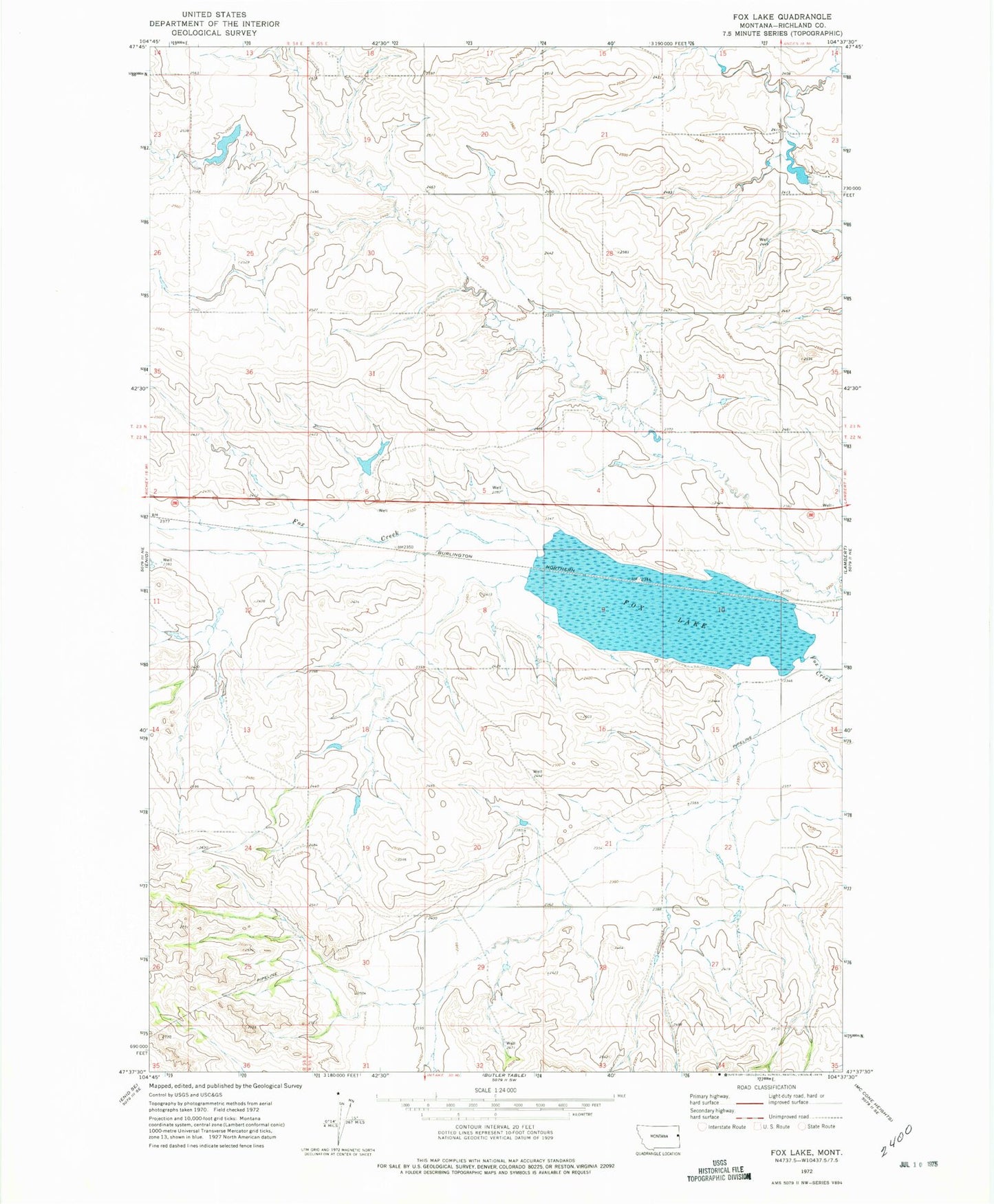 Classic USGS Fox Lake Montana 7.5'x7.5' Topo Map Image