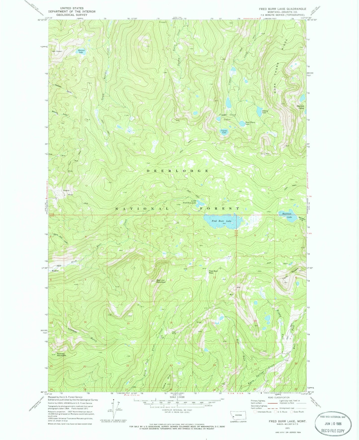 Classic USGS Fred Burr Lake Montana 7.5'x7.5' Topo Map Image