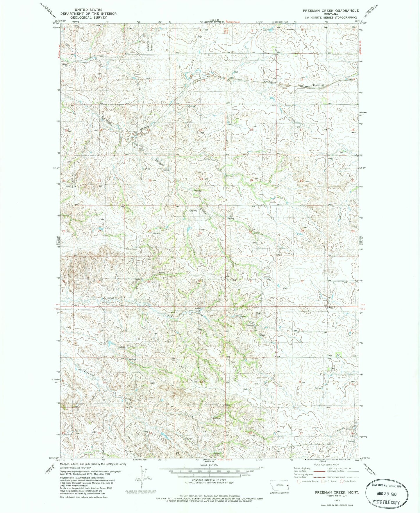 Classic USGS Freeman Creek Montana 7.5'x7.5' Topo Map Image