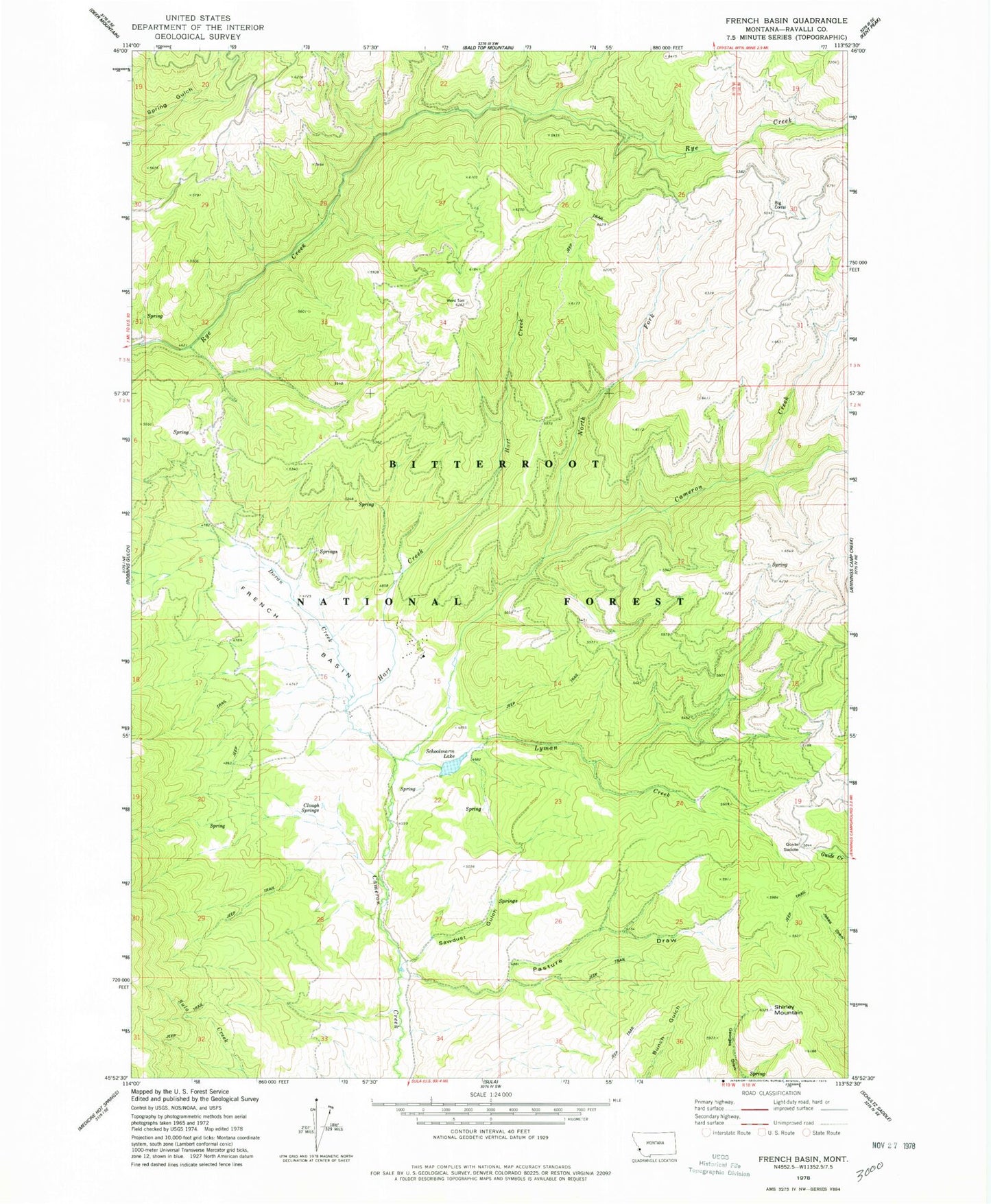 Classic USGS French Basin Montana 7.5'x7.5' Topo Map Image