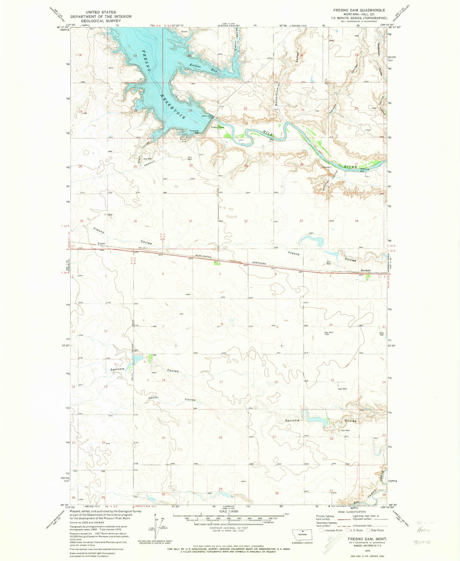 Classic USGS Fresno Dam Montana 7.5'x7.5' Topo Map Image