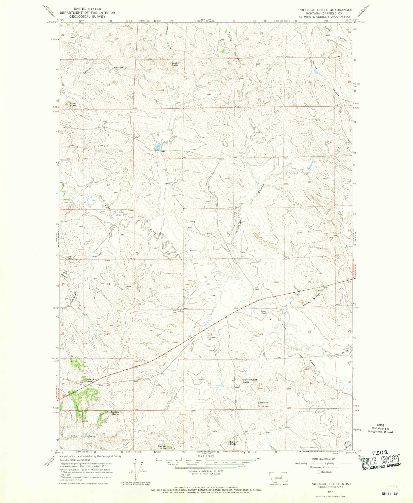 Classic USGS Froehlich Butte Montana 7.5'x7.5' Topo Map Image