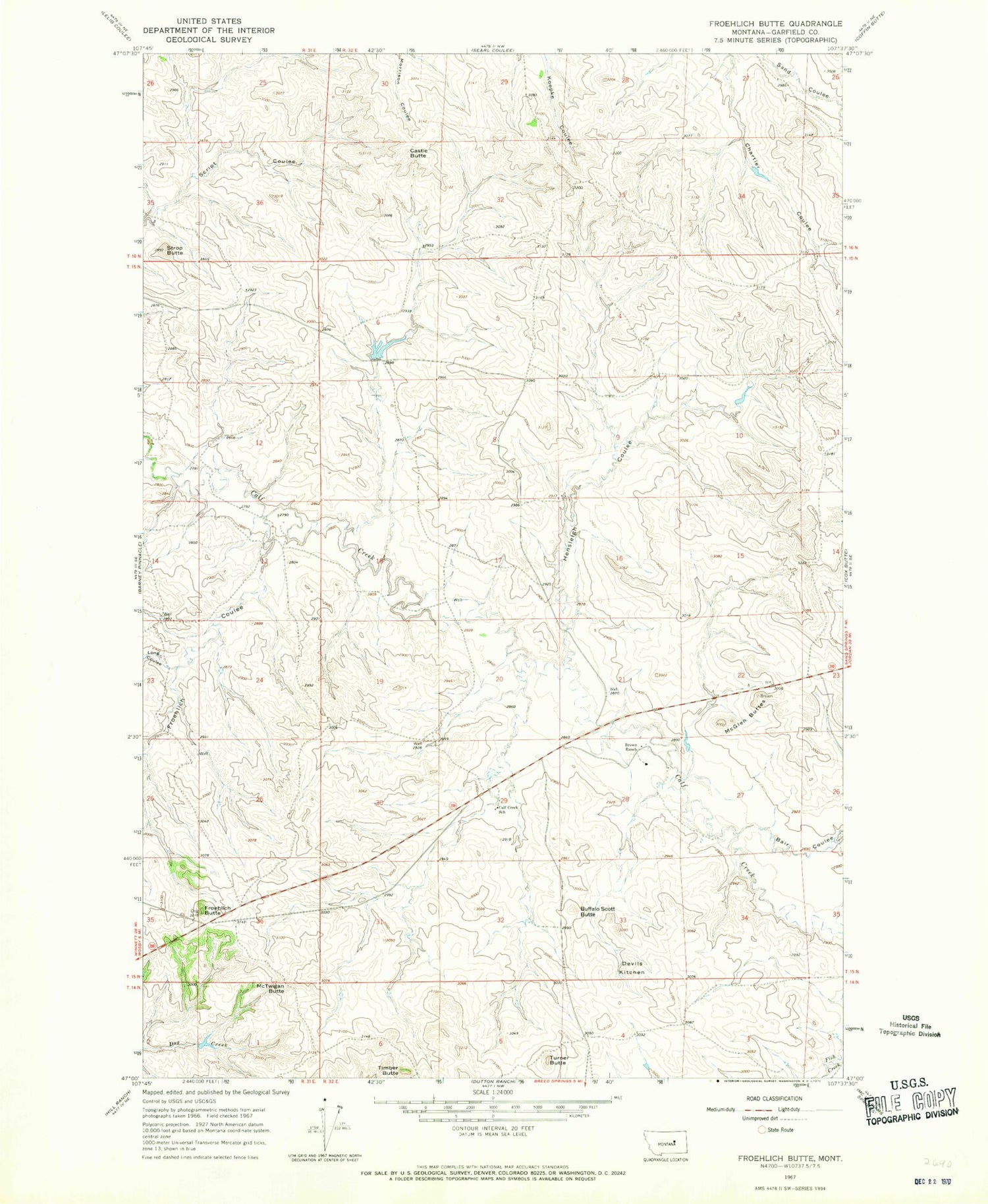 Classic USGS Froehlich Butte Montana 7.5'x7.5' Topo Map Image