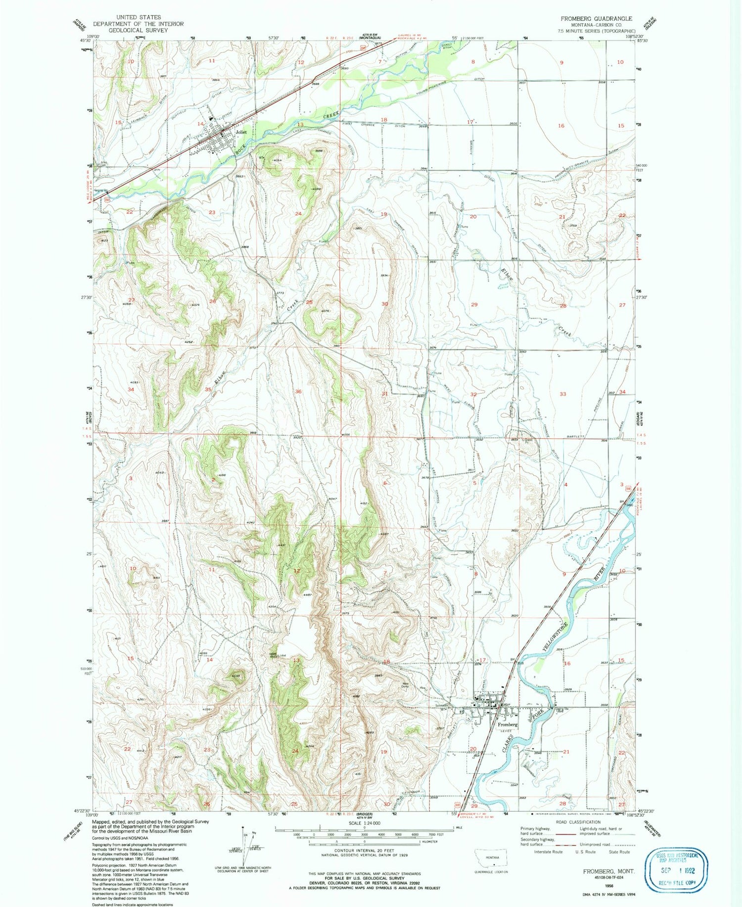 Classic USGS Fromberg Montana 7.5'x7.5' Topo Map Image