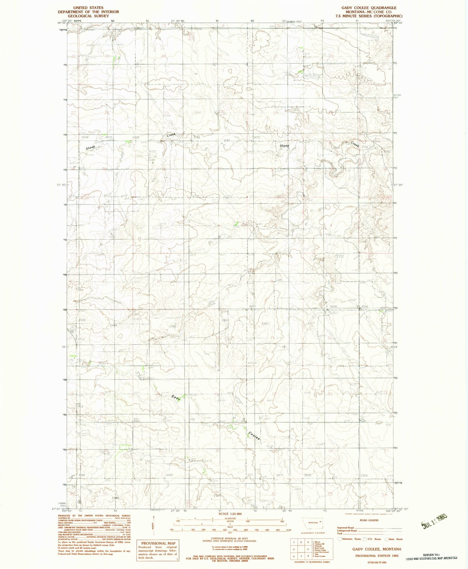 Classic USGS Gady Coulee Montana 7.5'x7.5' Topo Map Image