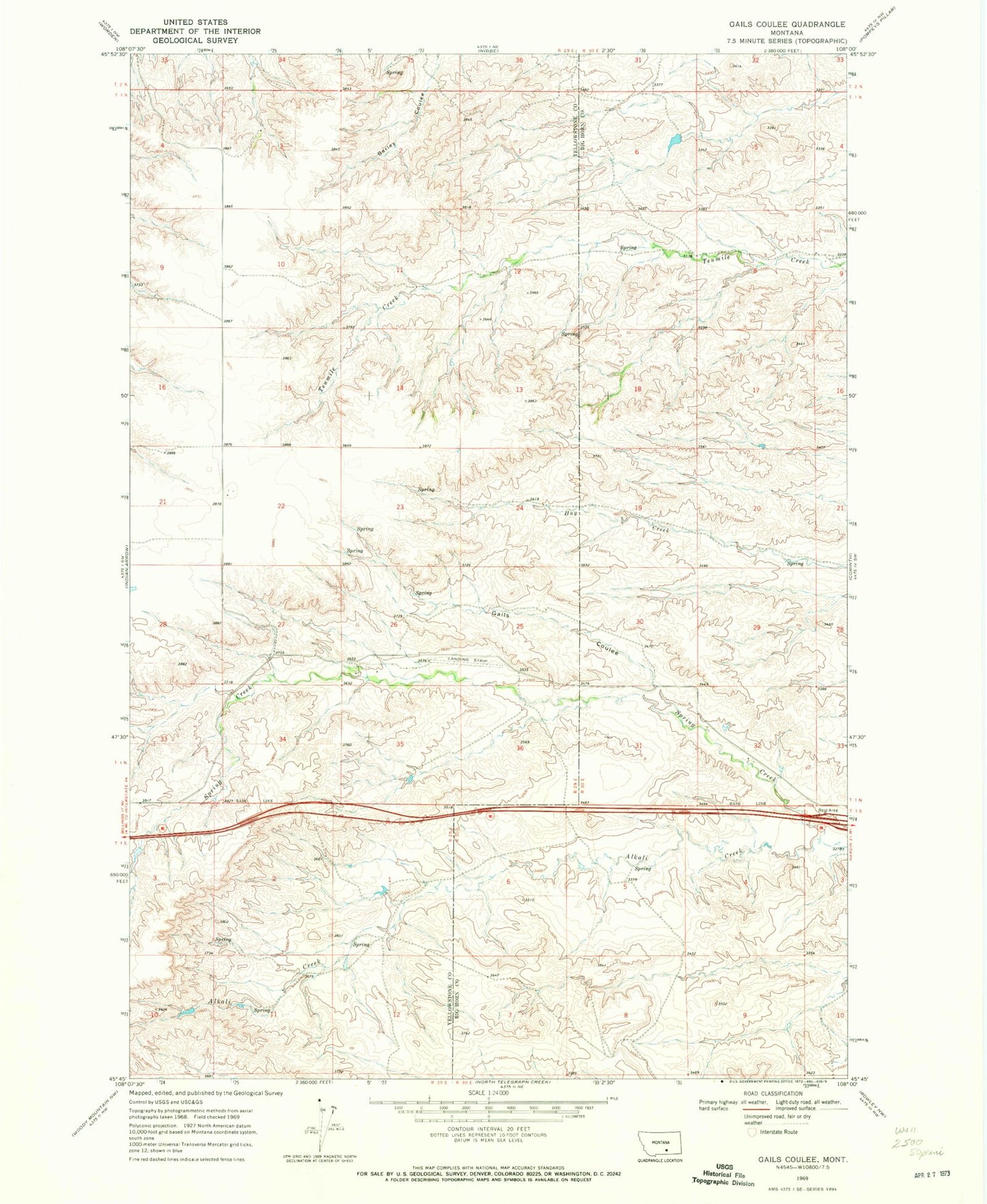 Classic USGS Gails Coulee Montana 7.5'x7.5' Topo Map Image