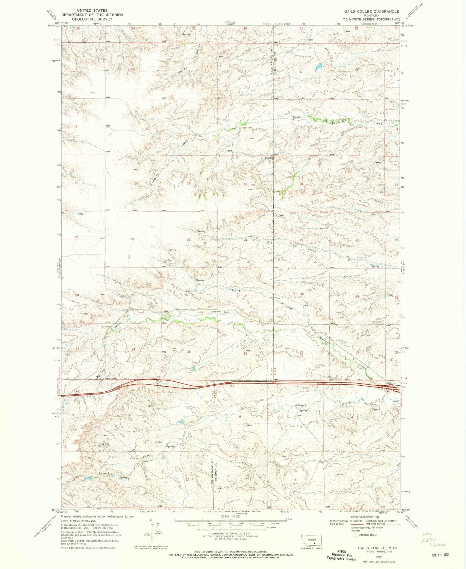 Classic USGS Gails Coulee Montana 7.5'x7.5' Topo Map Image