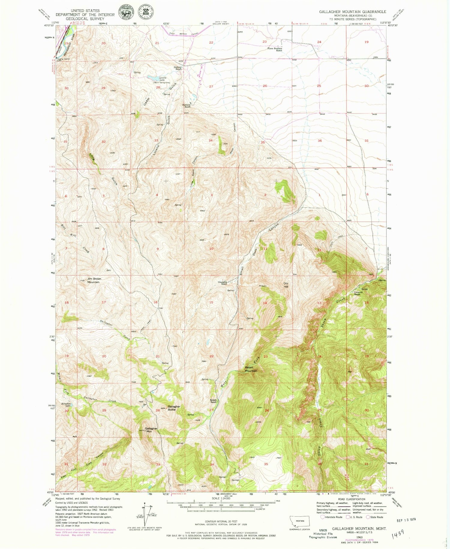 Classic USGS Gallagher Mountain Montana 7.5'x7.5' Topo Map Image