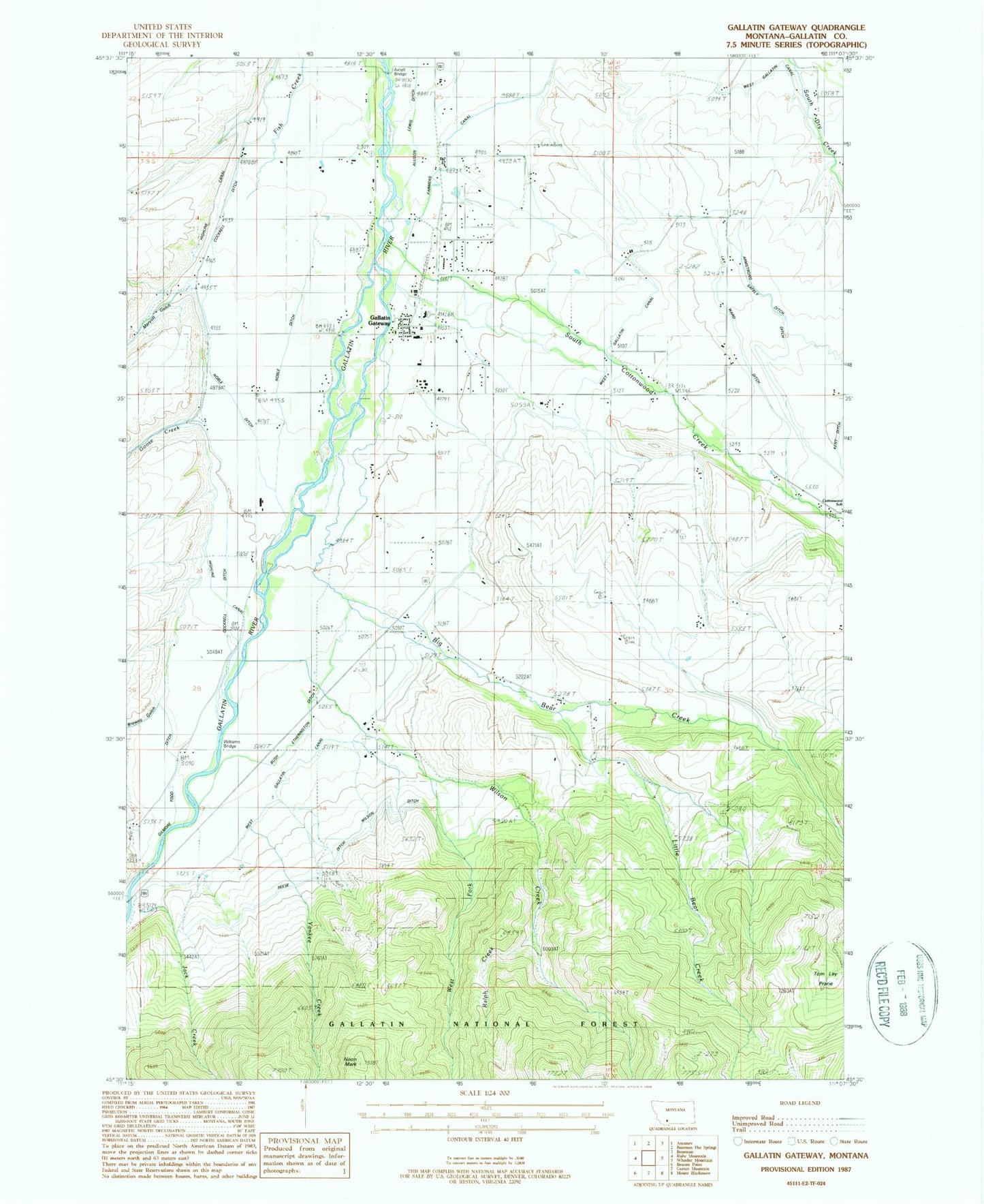 Classic USGS Gallatin Gateway Montana 7.5'x7.5' Topo Map Image