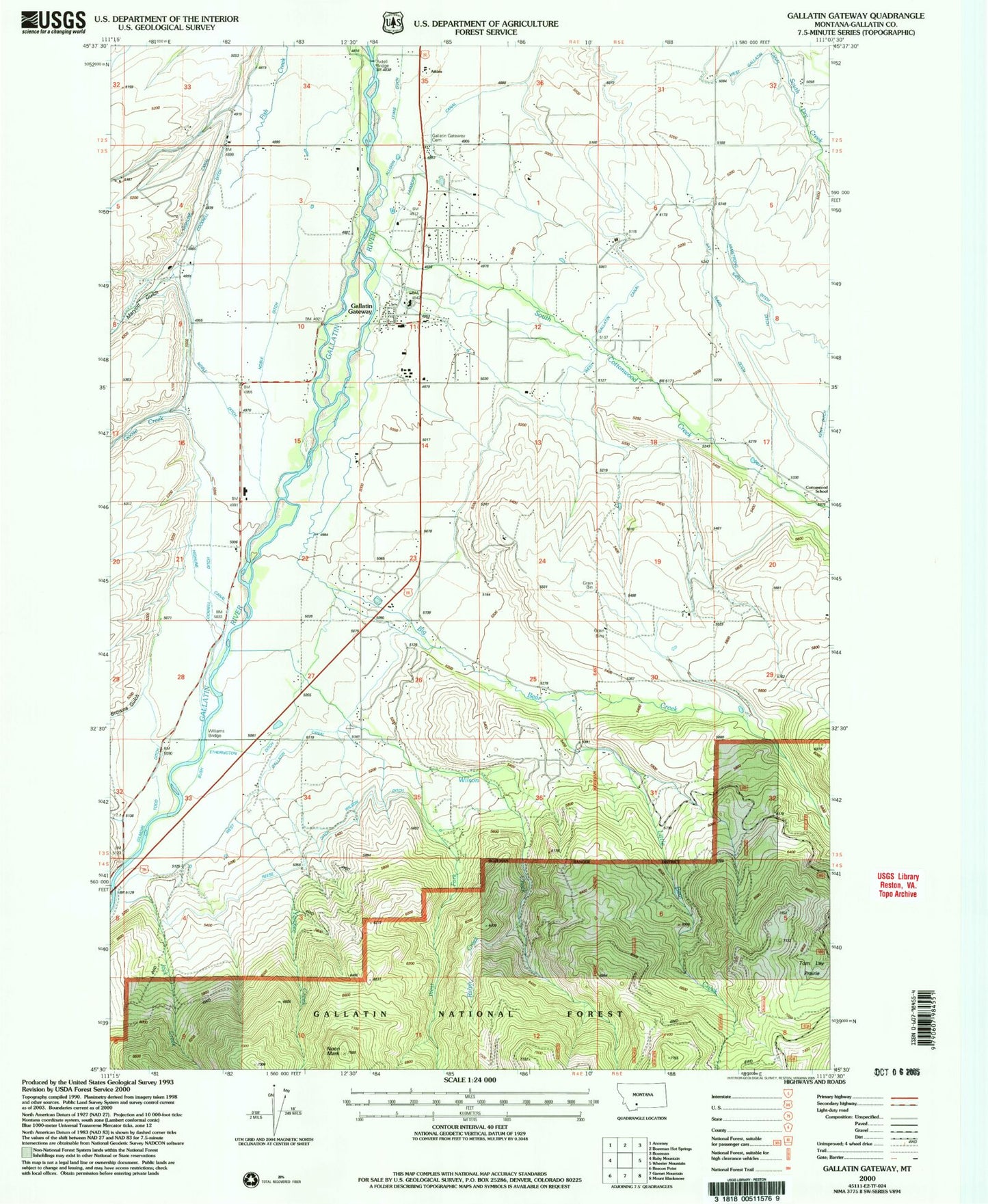 Classic USGS Gallatin Gateway Montana 7.5'x7.5' Topo Map Image