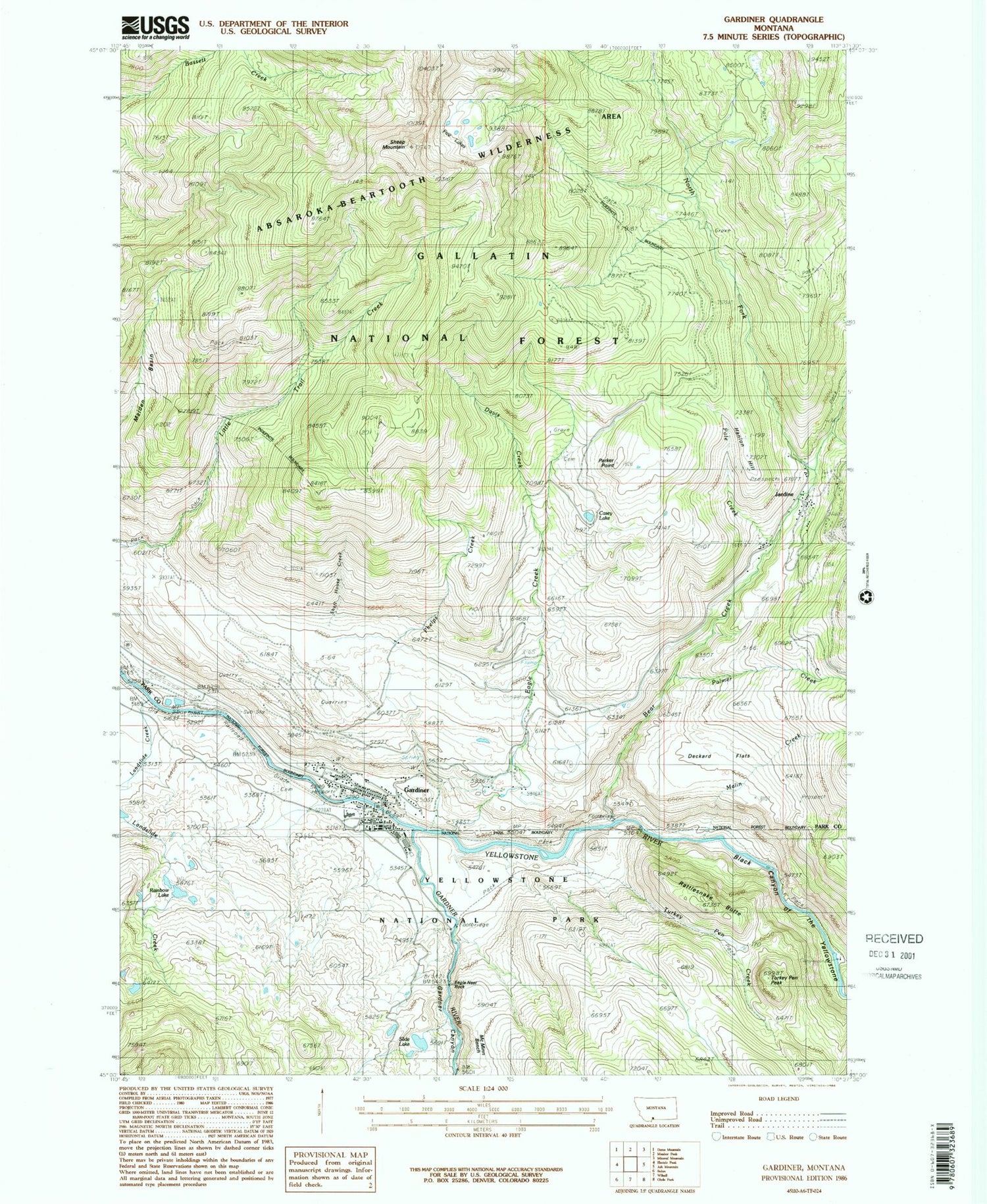 Classic USGS Gardiner Montana 7.5'x7.5' Topo Map Image