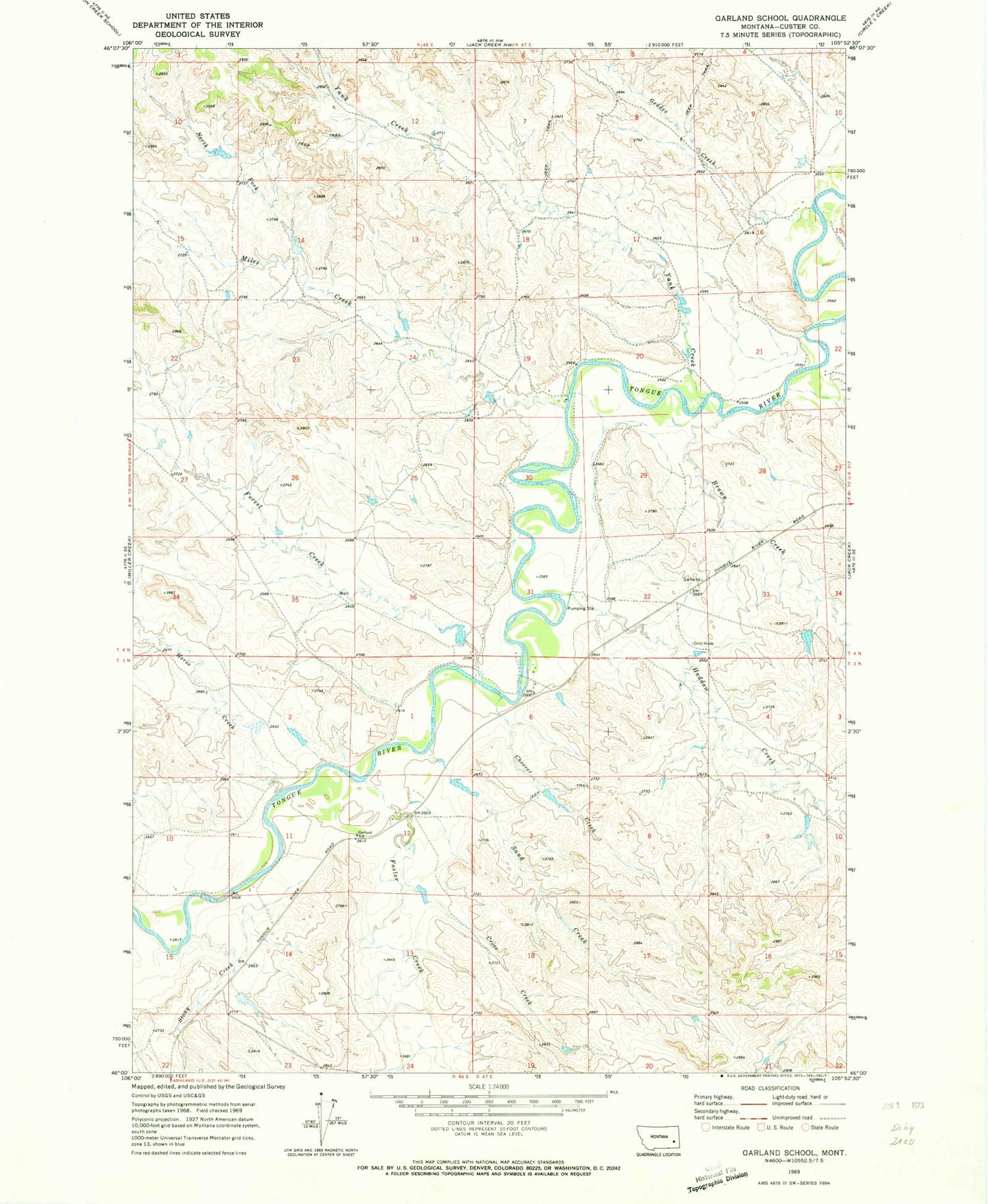 Classic USGS Garland School Montana 7.5'x7.5' Topo Map Image