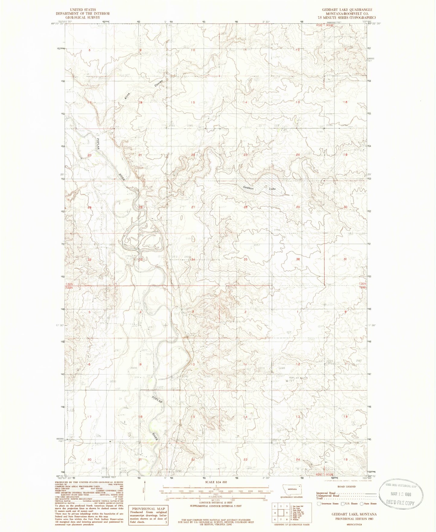 Classic USGS Geddart Lake Montana 7.5'x7.5' Topo Map Image