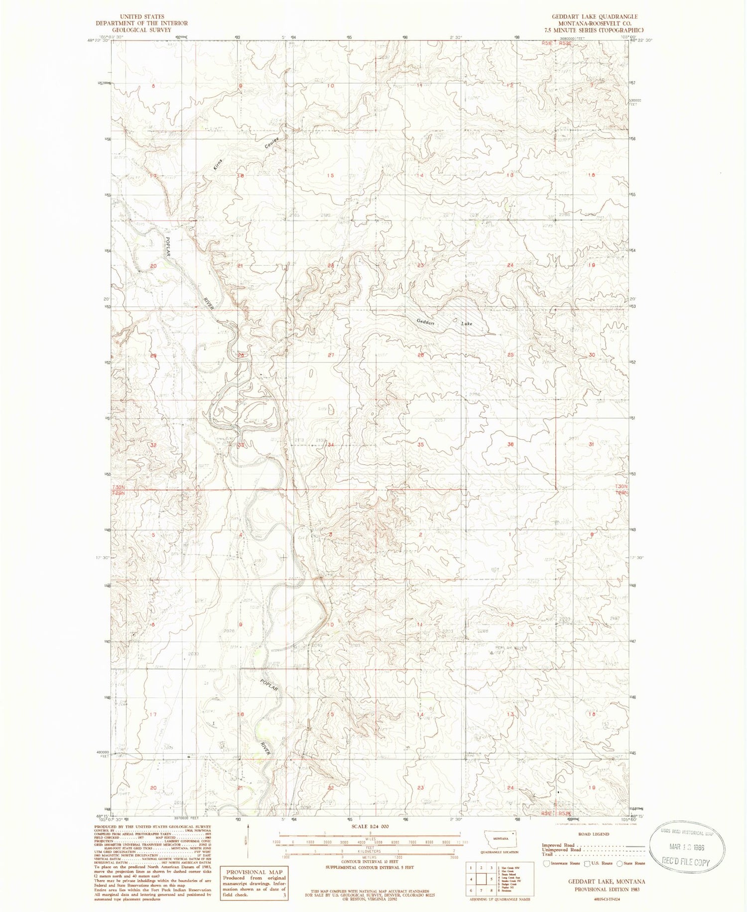 Classic USGS Geddart Lake Montana 7.5'x7.5' Topo Map Image