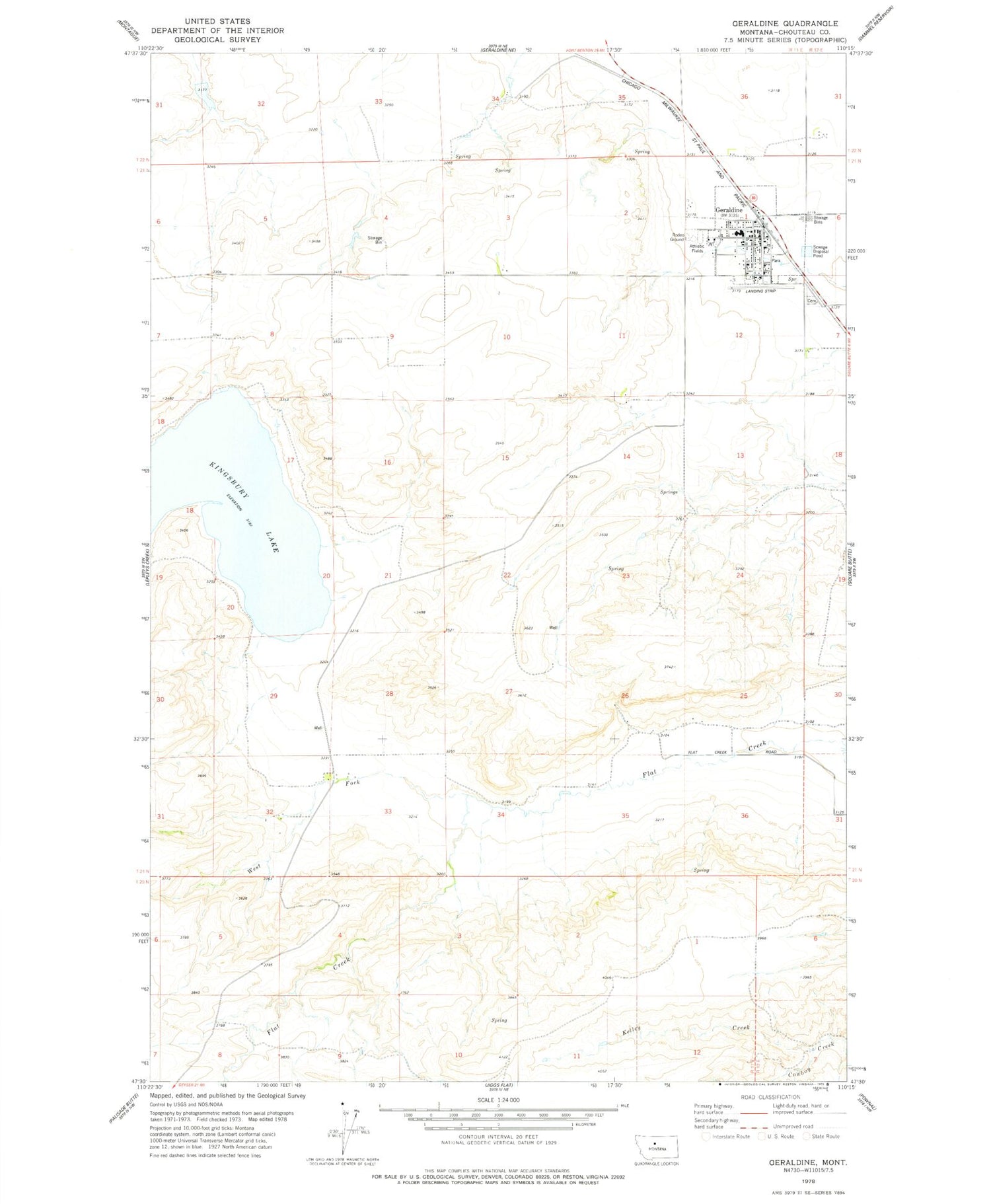 Classic USGS Geraldine Montana 7.5'x7.5' Topo Map Image