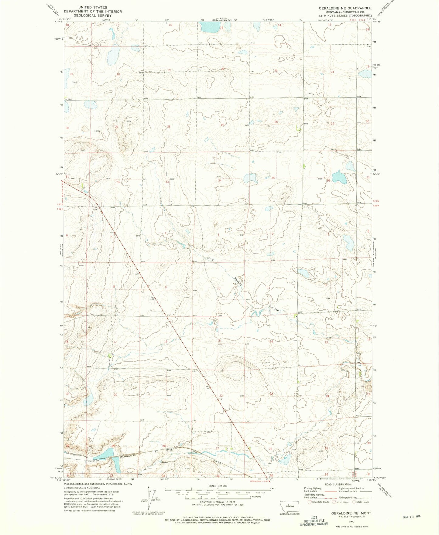Classic USGS Geraldine NE Montana 7.5'x7.5' Topo Map Image