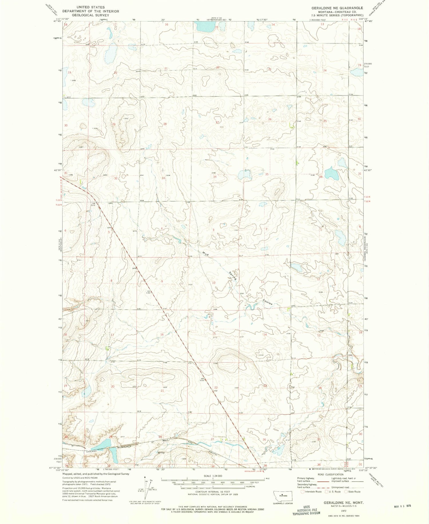 Classic USGS Geraldine NE Montana 7.5'x7.5' Topo Map Image