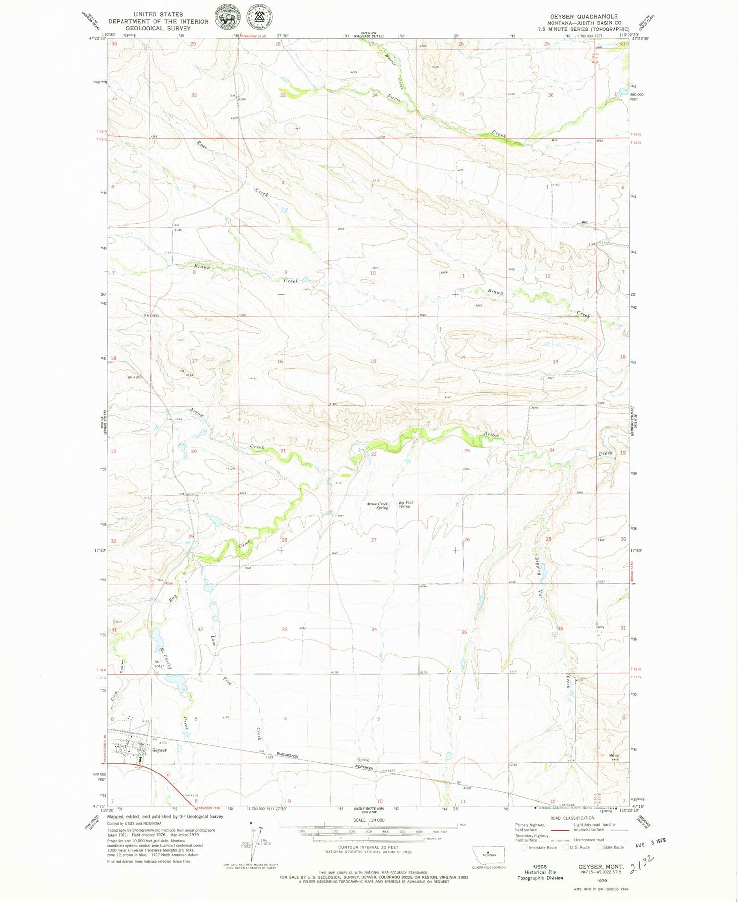 Classic USGS Geyser Montana 7.5'x7.5' Topo Map Image