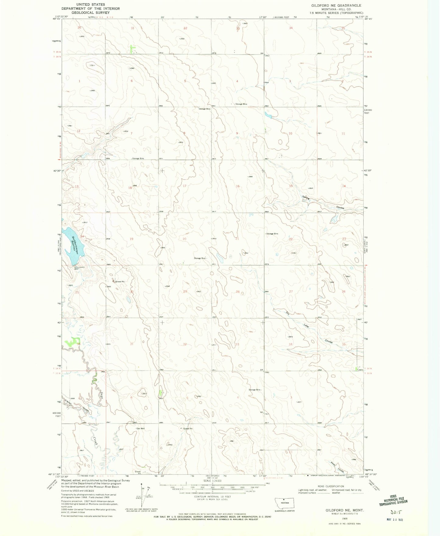 Classic USGS Gildford NE Montana 7.5'x7.5' Topo Map Image