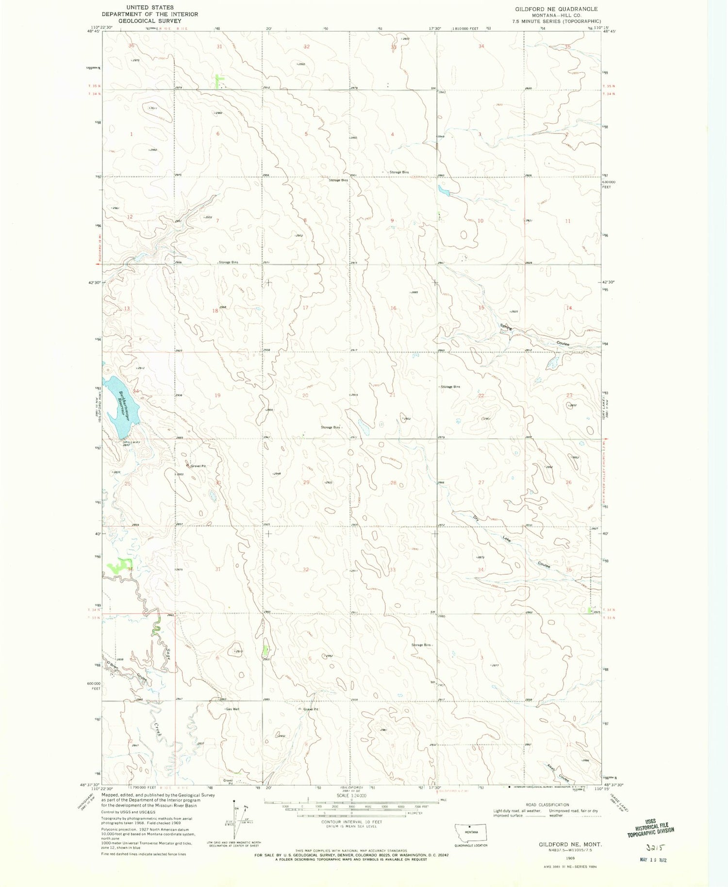 Classic USGS Gildford NE Montana 7.5'x7.5' Topo Map Image