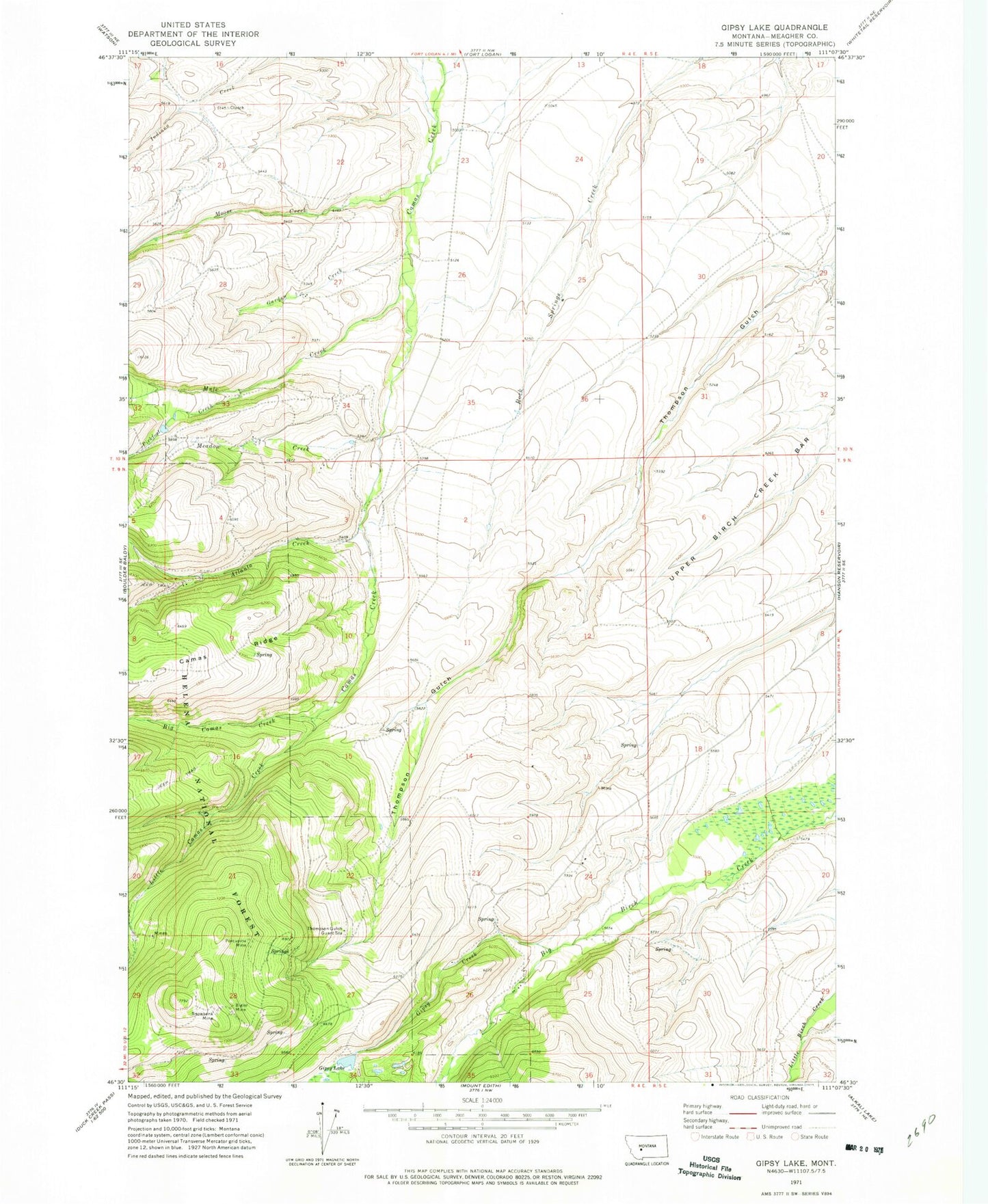Classic USGS Gipsy Lake Montana 7.5'x7.5' Topo Map Image