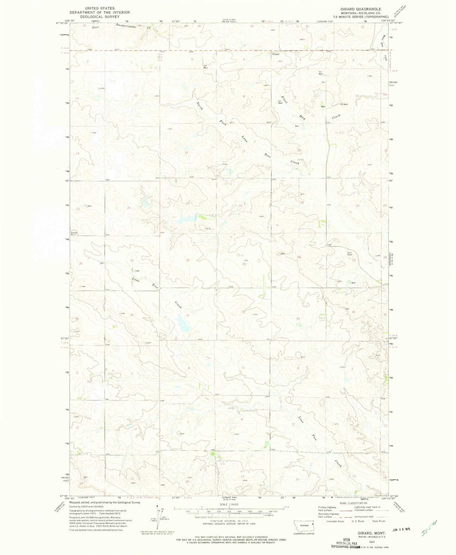 Classic USGS Girard Montana 7.5'x7.5' Topo Map Image