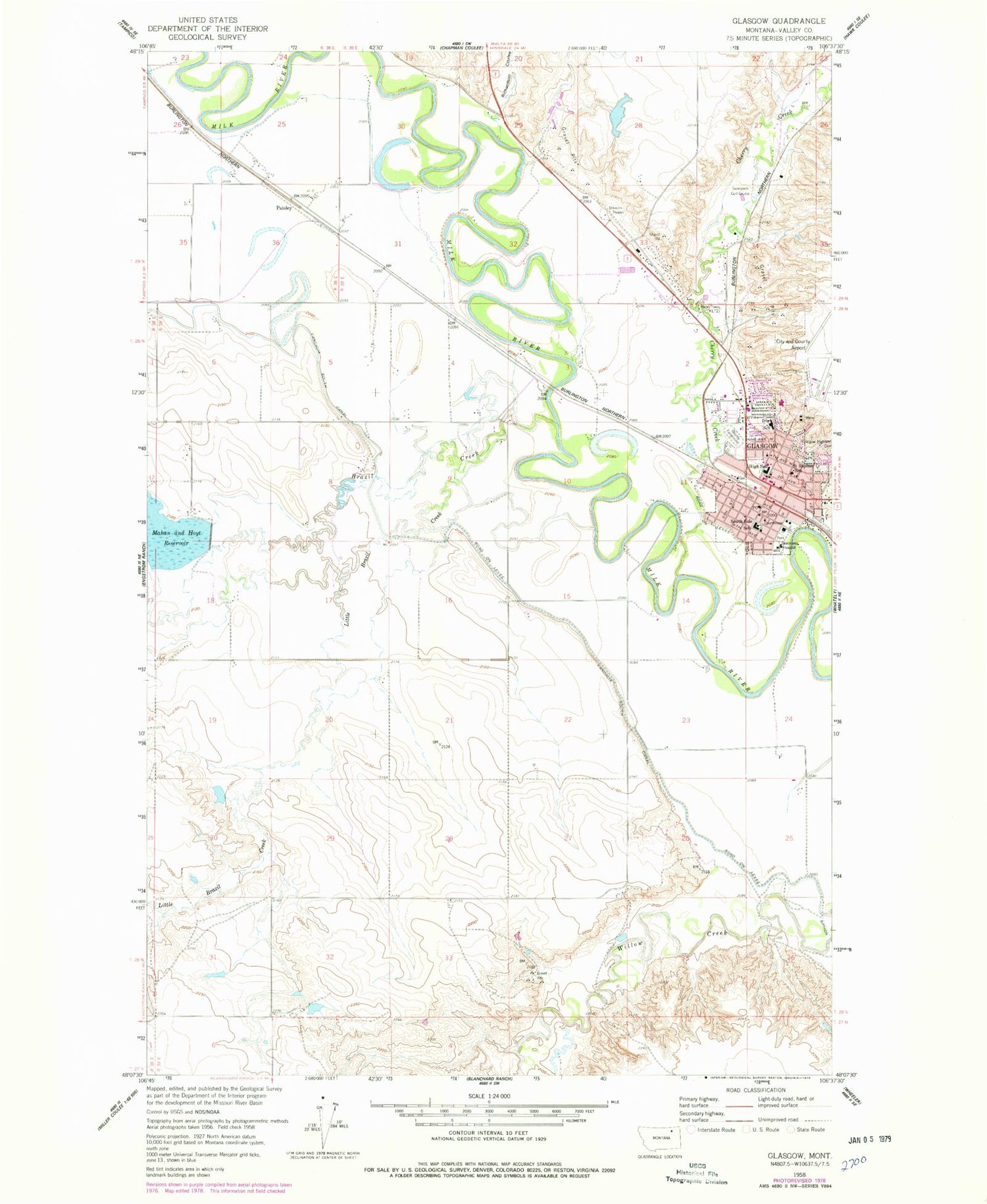 Classic USGS Glasgow Montana 7.5'x7.5' Topo Map Image