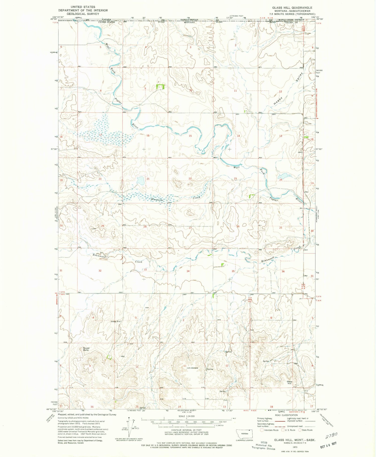 Classic USGS Glass Hill Montana 7.5'x7.5' Topo Map Image